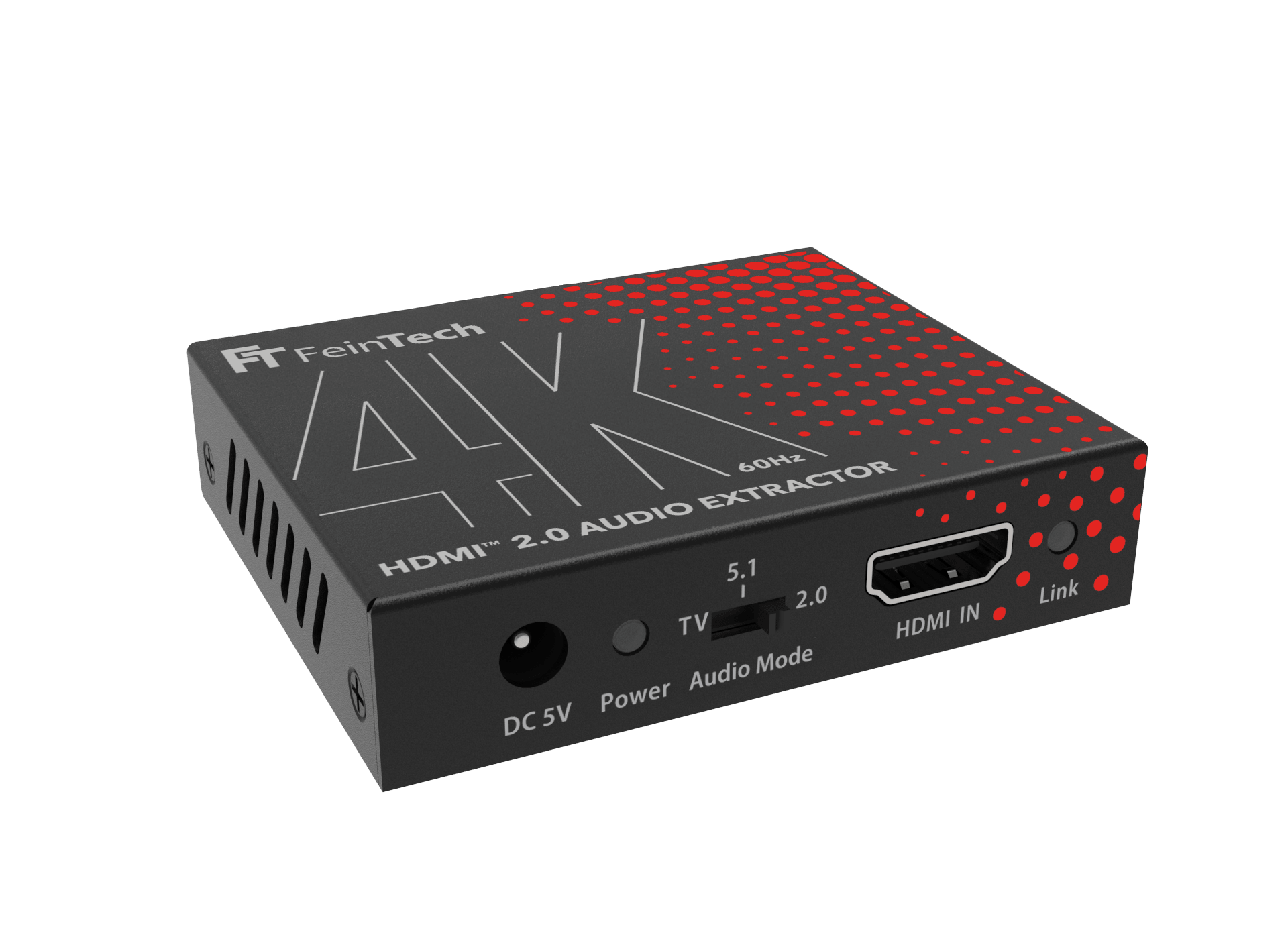 Ein schwarzer FeinTech HDMI 2.0 Audioextractor mit rotem Punktemuster, 4K-Beschriftung und Anschlüssen auf schwarzem Grund.