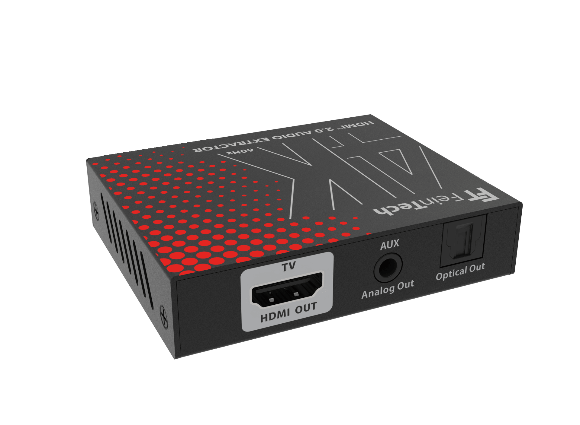 Ein schwarzer FeinTech HDMI Audio Extractor mit rotem Muster und Anschlüssen wie HDMI Out, AUX und Optical Out.