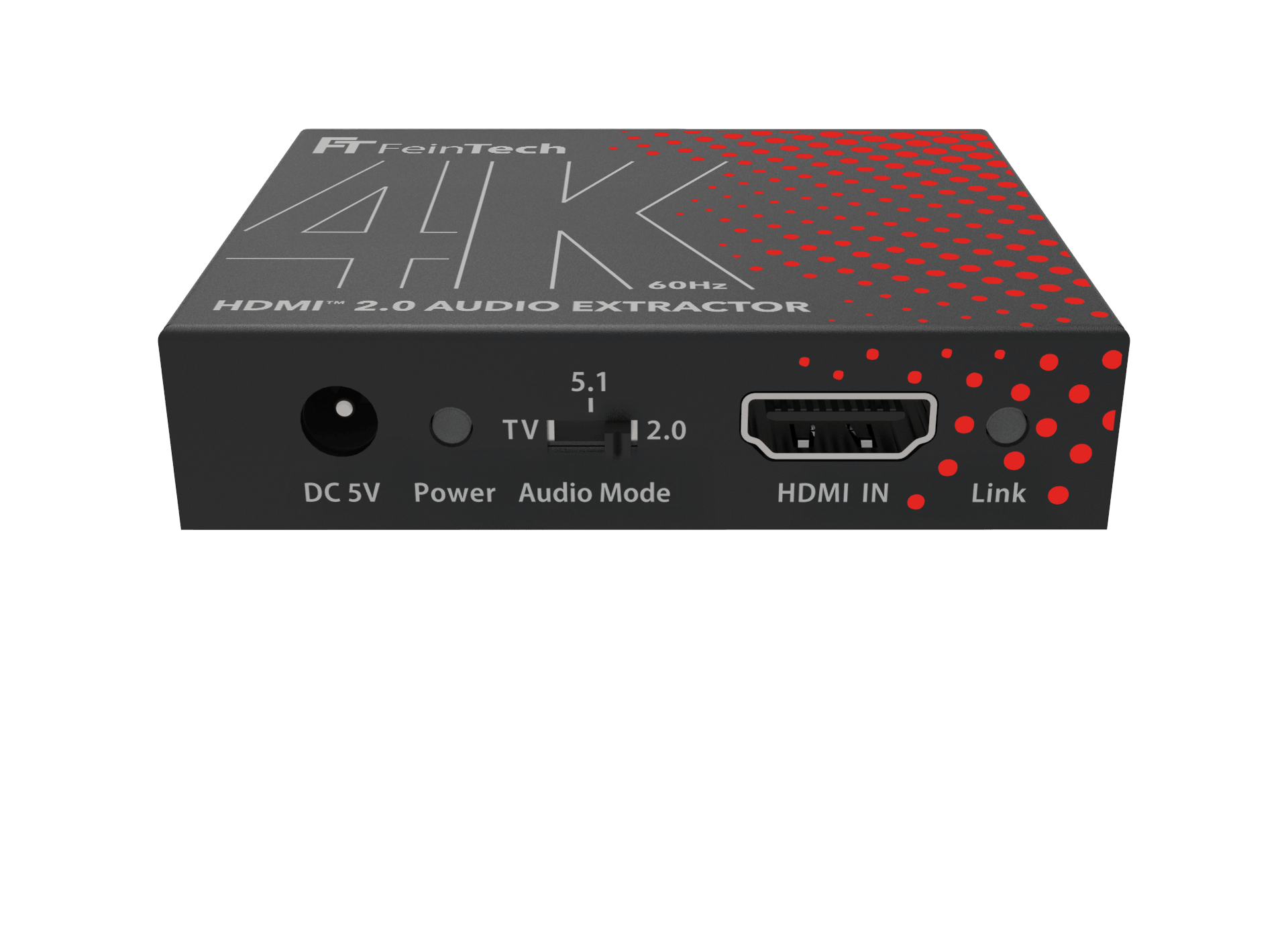 Ein schwarzer FeinTech 4K HDMI 2.0 Audioextractor mit DC 5V, Power, Audio Mode und HDMI IN Anschlüssen auf schwarzem Grund.