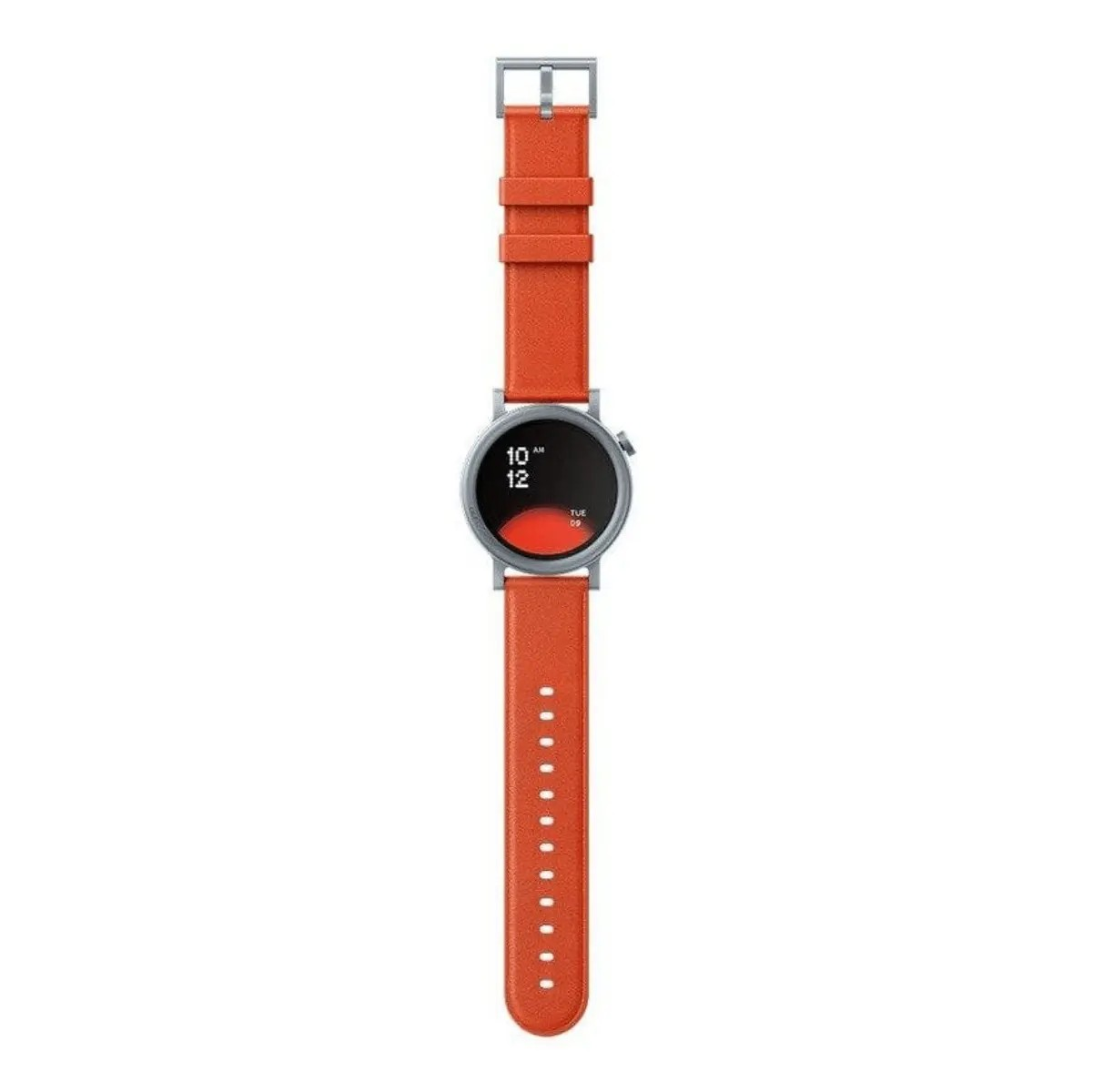 Eine elegante Smartwatch mit rundem Display und einem orangefarbenen Lederarmband auf neutralem Hintergrund.