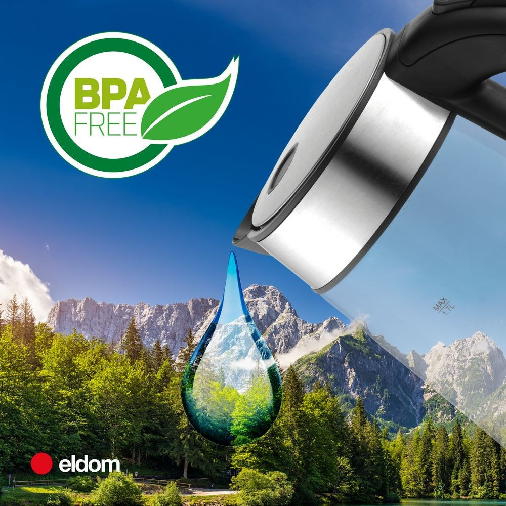 Czajnik na tle gór z pieczęcią wolną od BPA i logo.