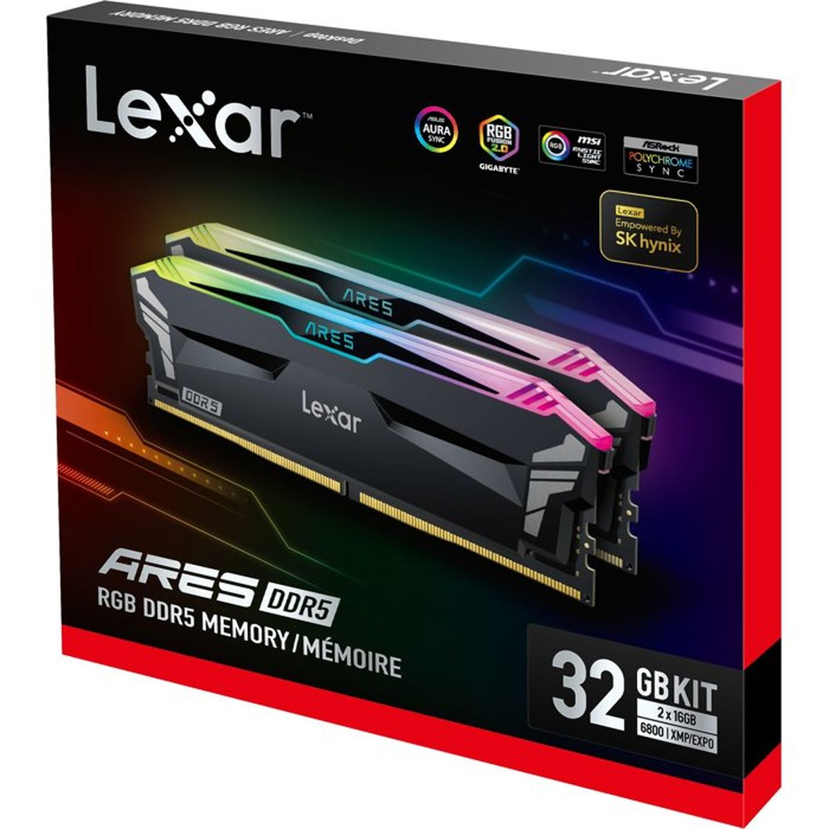 Boîte de RAM Lexar ARES RGB DDR5, kit 32 Go, montrant deux modules noirs avec éclairage coloré.