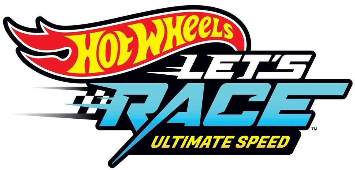 Il logo Hot Wheels Let's Race presenta scritte rosse, gialle e blu con una bandiera a scacchi.