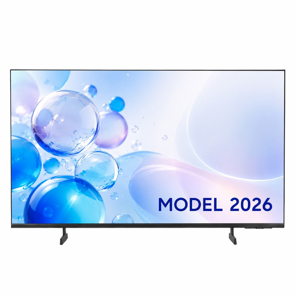 Telewizor z niebieskimi i fioletowymi bąbelkami oraz napisem MODEL 2026.