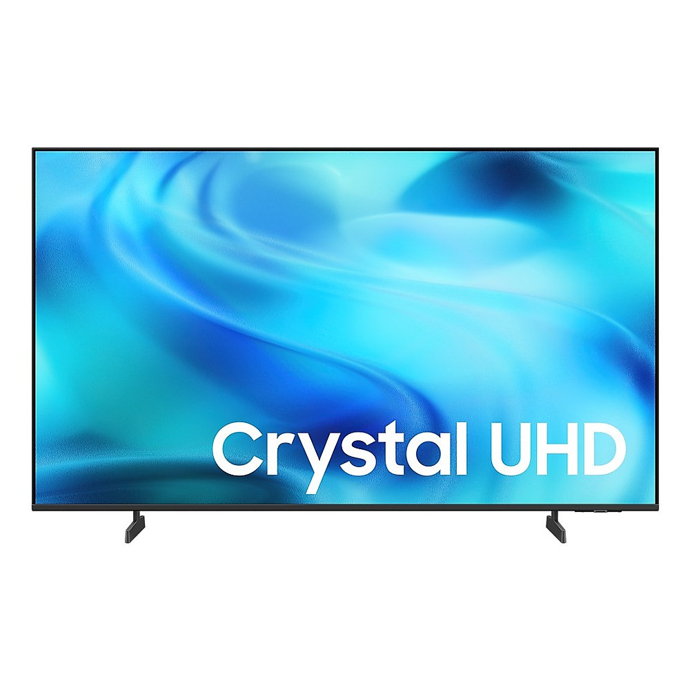 Telewizor Crystal UHD z cienką ramką wyświetlający niebieskie tło z falami.