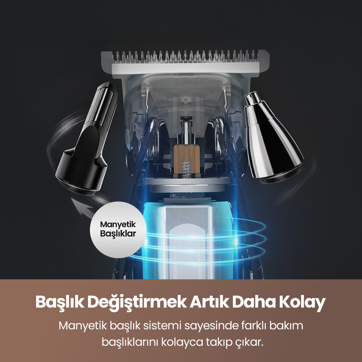 Manyetik başlıklı şeffaf saç ve sakal kesme makinesi ve kahverengi zemin üzerinde beyaz yazılar.