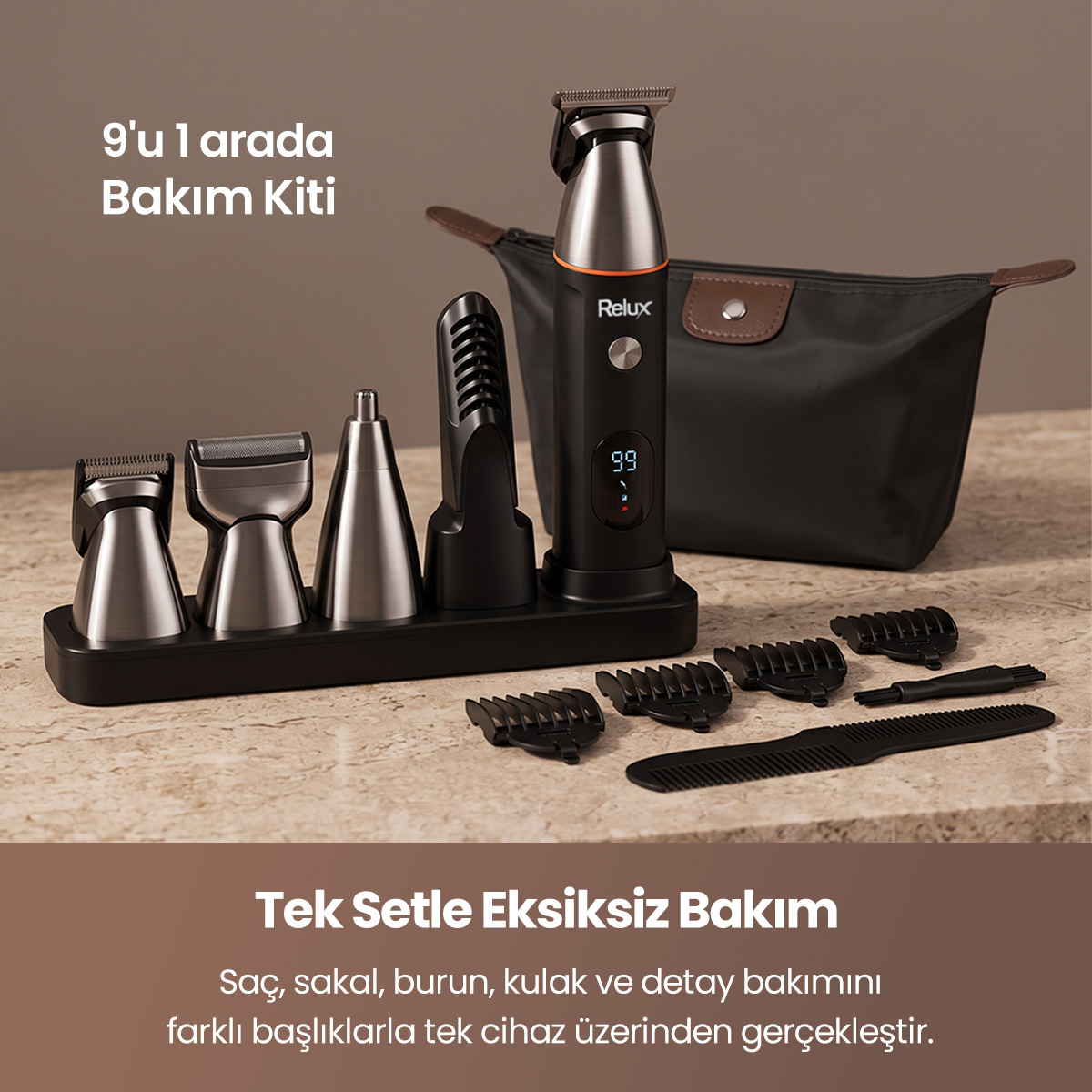 Başlıkları, standı, tarağı ve çantasıyla Relux 9'u 1 arada bakım kiti.