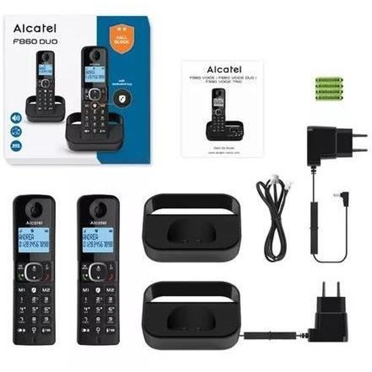 Alcatel F860 Duo draadloze telefoonset met basisstations, handsets, batterijen, adapter en handleiding.