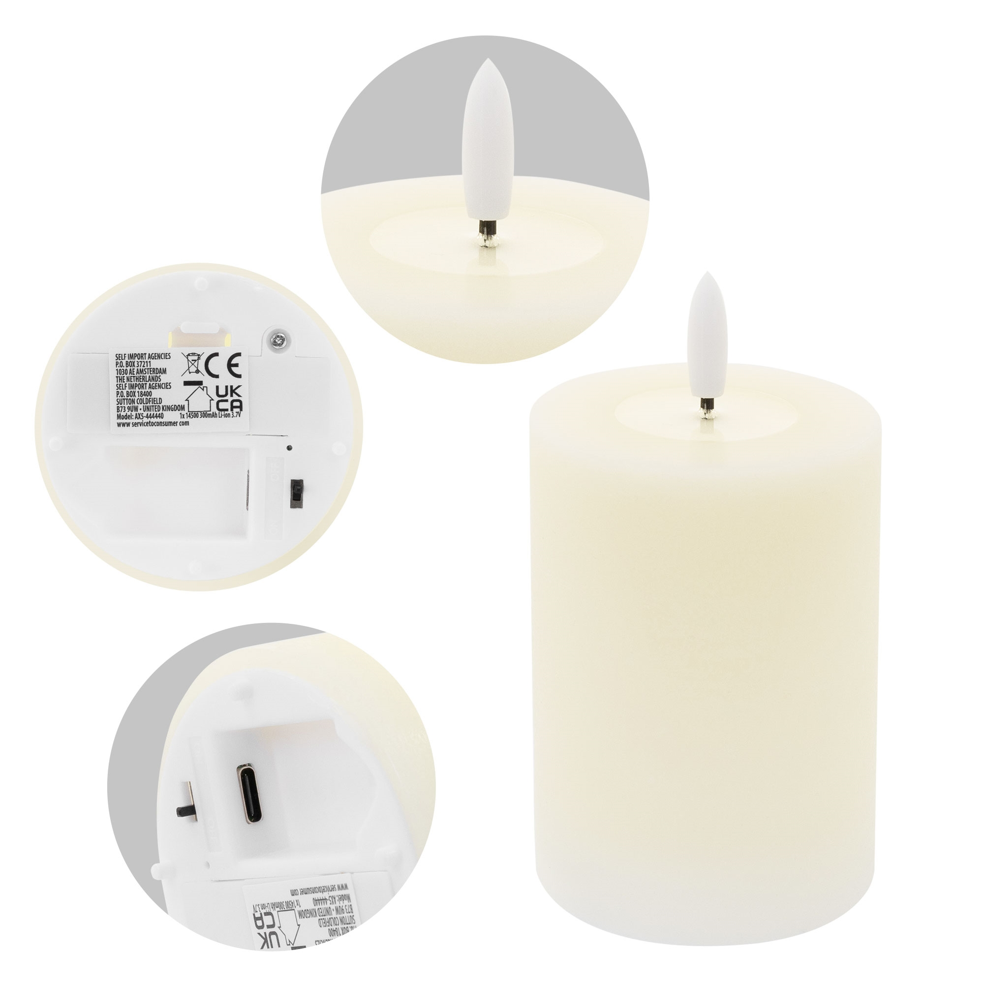 Beige LED-Kerze mit Einzelfotos von Flamme, Unterseite mit Schalter und USB-C-Anschluss sowie Etikett.