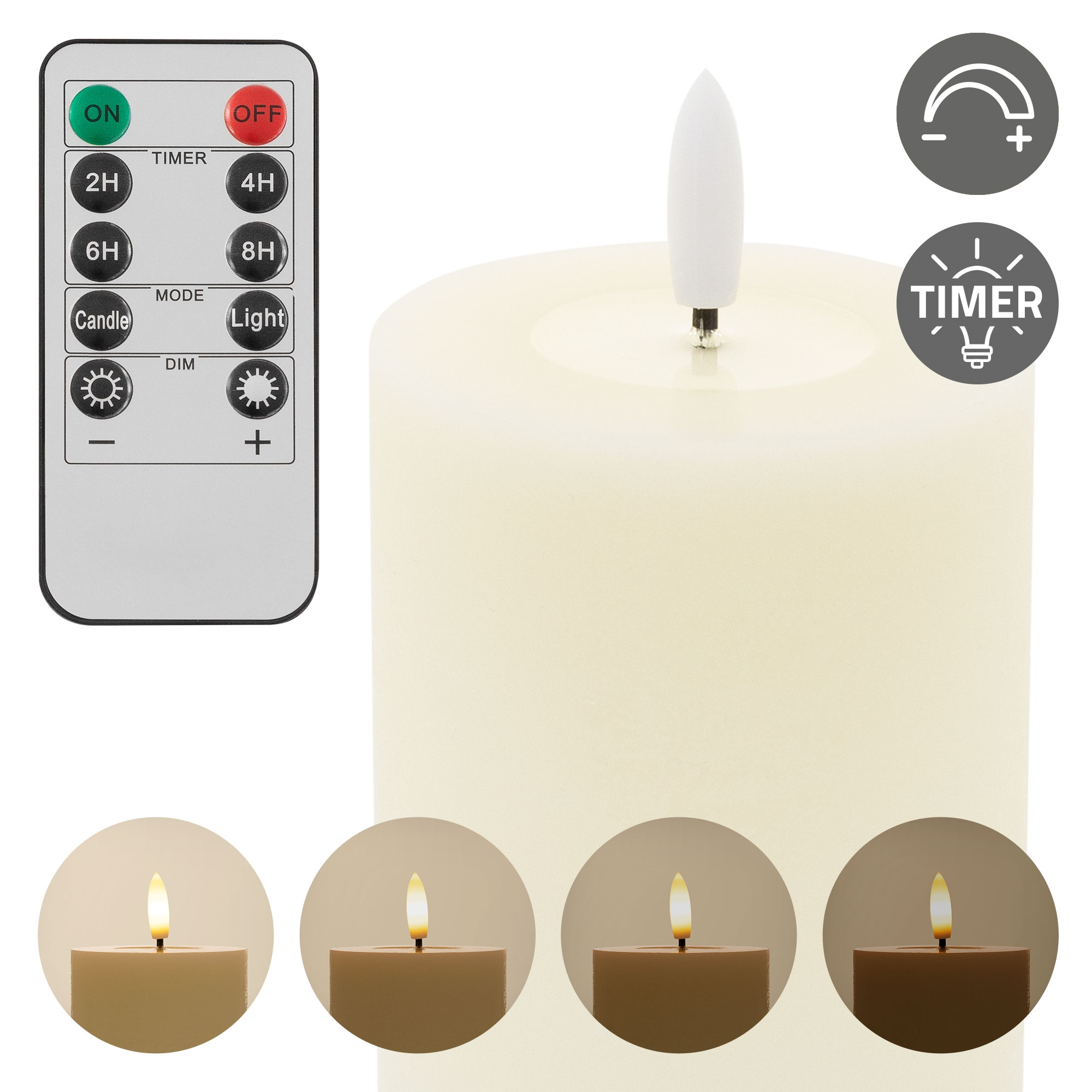 Weiße LED-Kerze mit Fernbedienung und vier Beleuchtungsstufen.