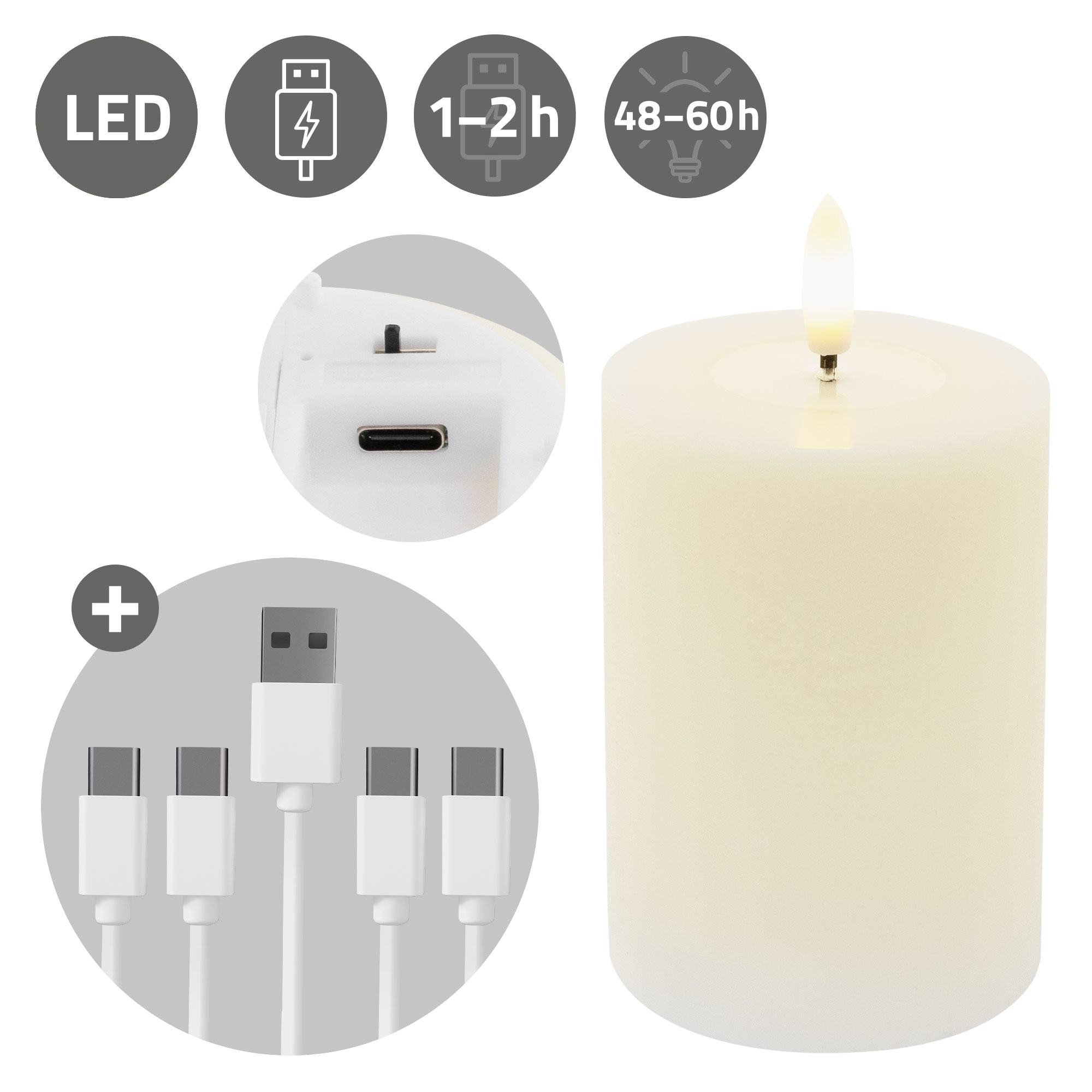 Eine wiederaufladbare LED-Kerze mit USB-C-Anschluss, Ladekabel und Funktionssymbolen auf weißem Hintergrund.