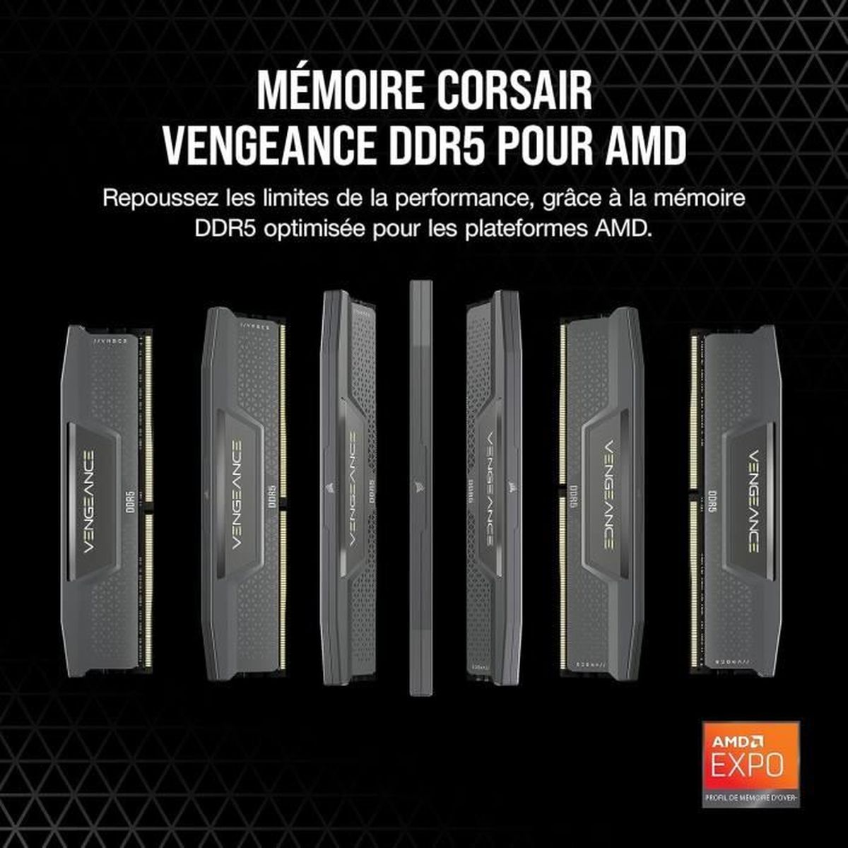 Pamięć Corsair Vengeance DDR5 dla AMD, siedem modułów ustawionych na ciemnym tle.