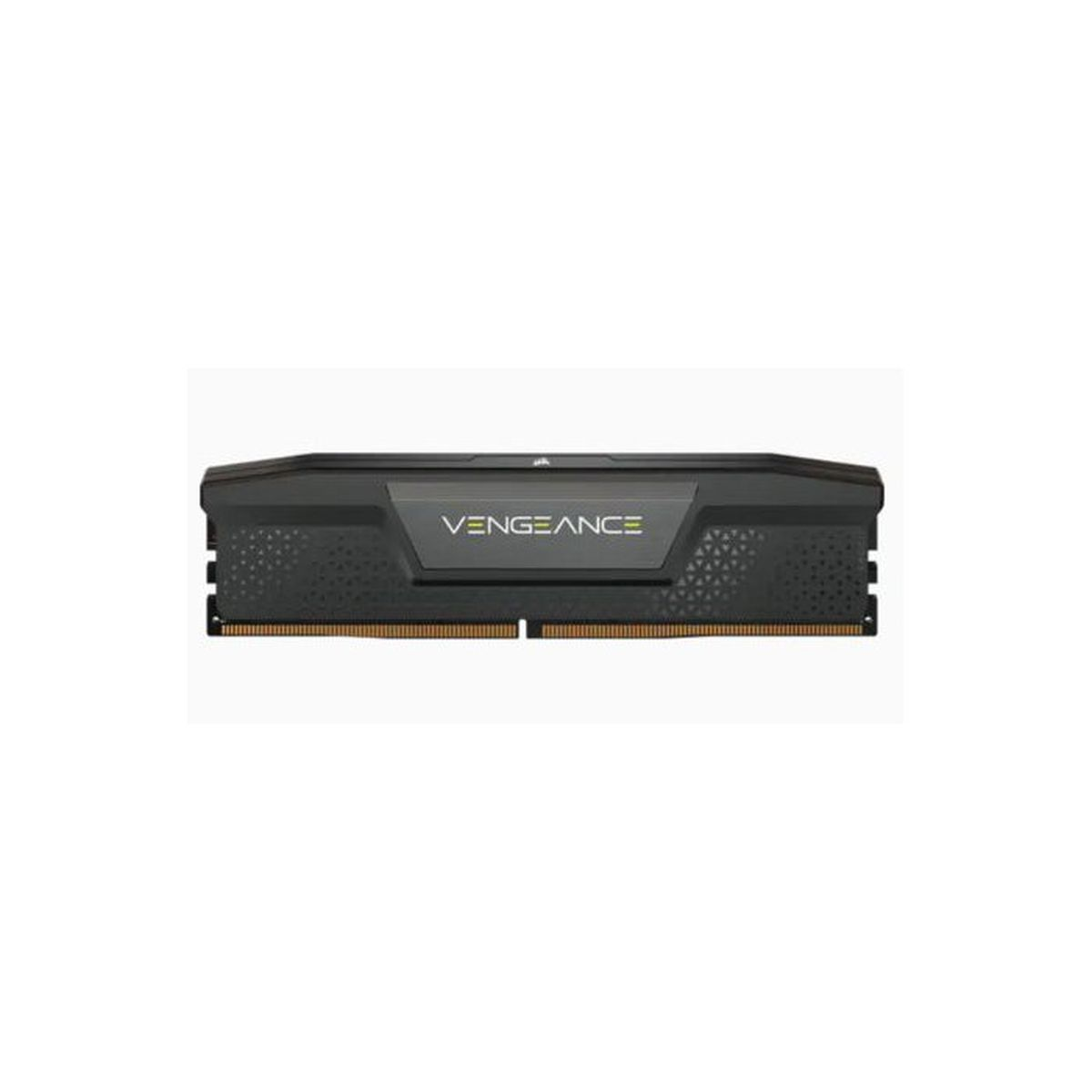 Une barrette de RAM Corsair Vengeance noire avec dissipateur sur fond blanc.