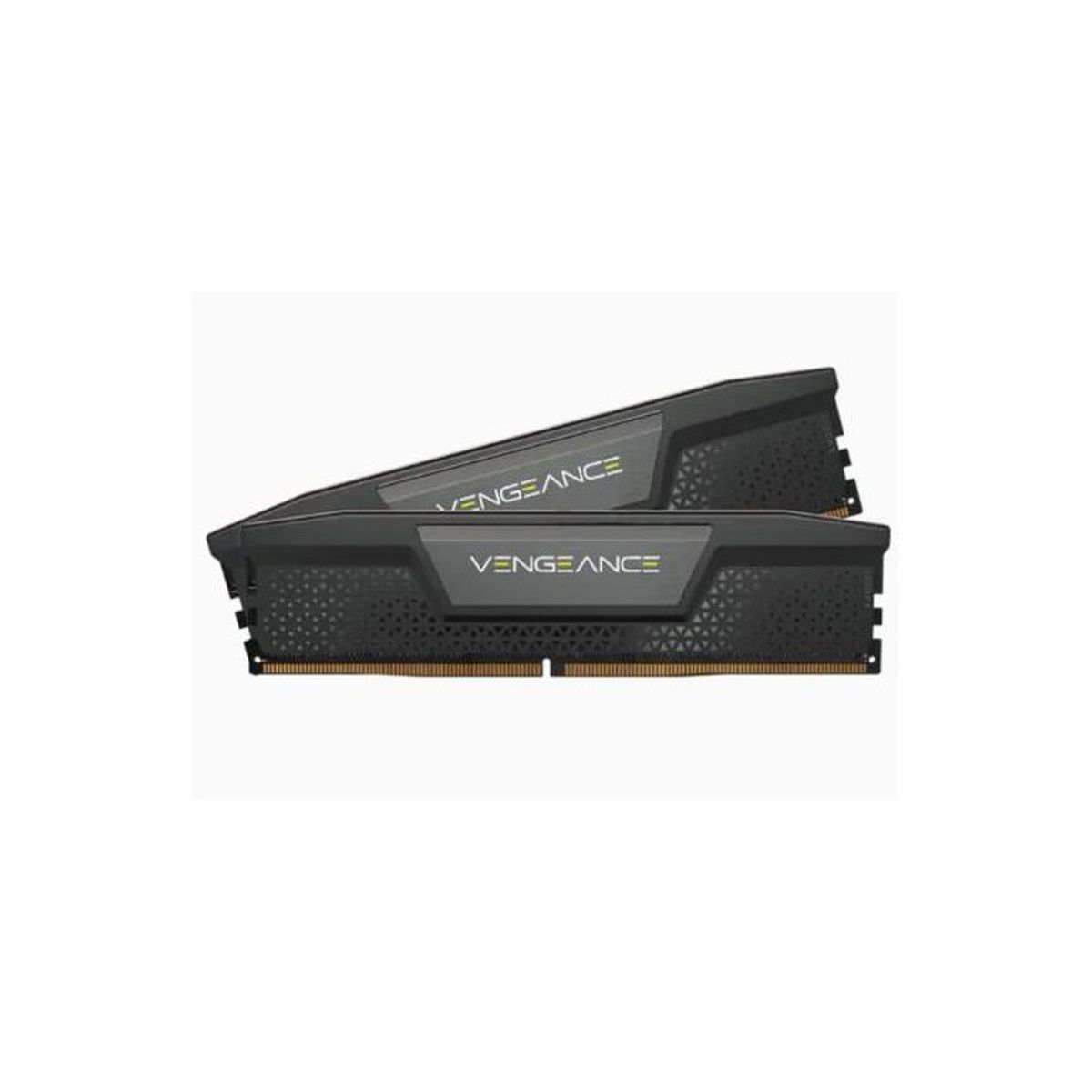 Deux barrettes de RAM Corsair Vengeance noires avec texte jaune et dissipateurs sur fond blanc.