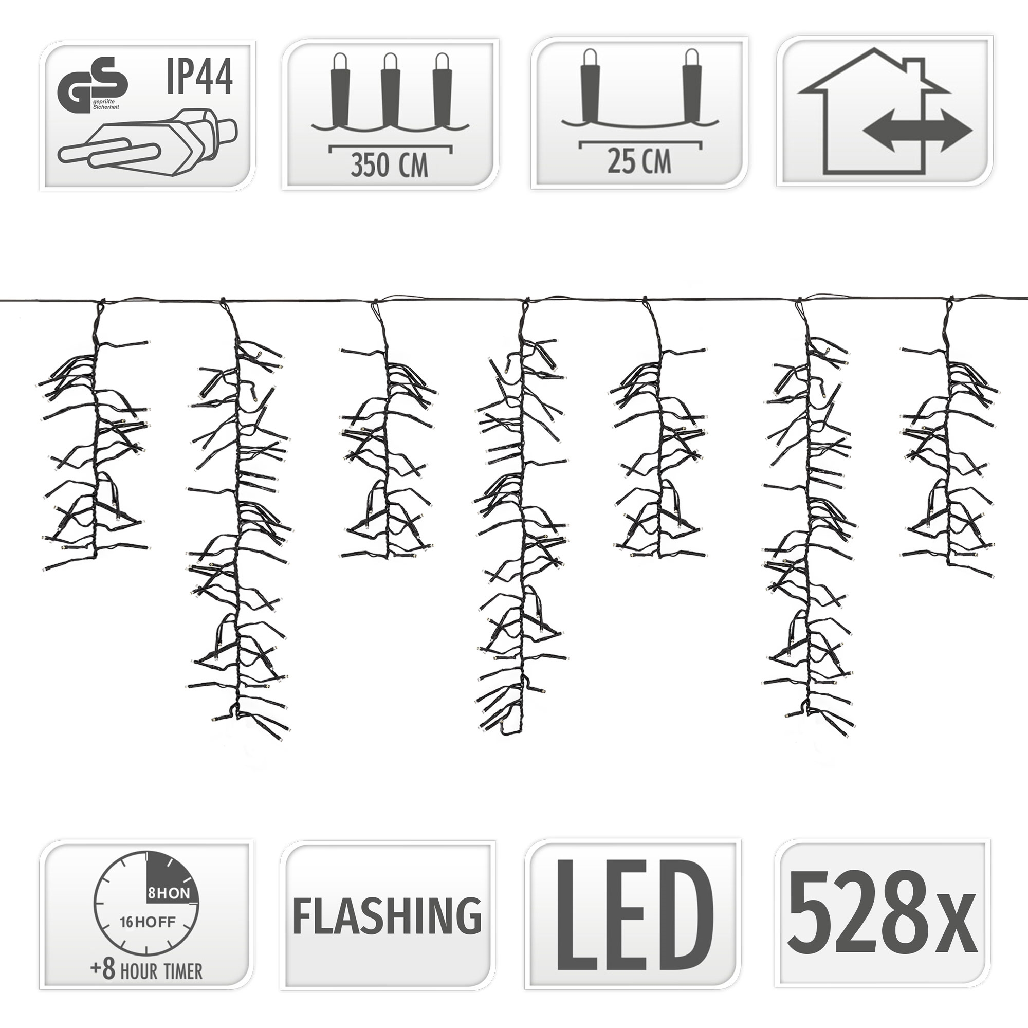Technische Zeichnung einer LED-Lichterkette mit Timer, IP44 und 528 LEDs.
