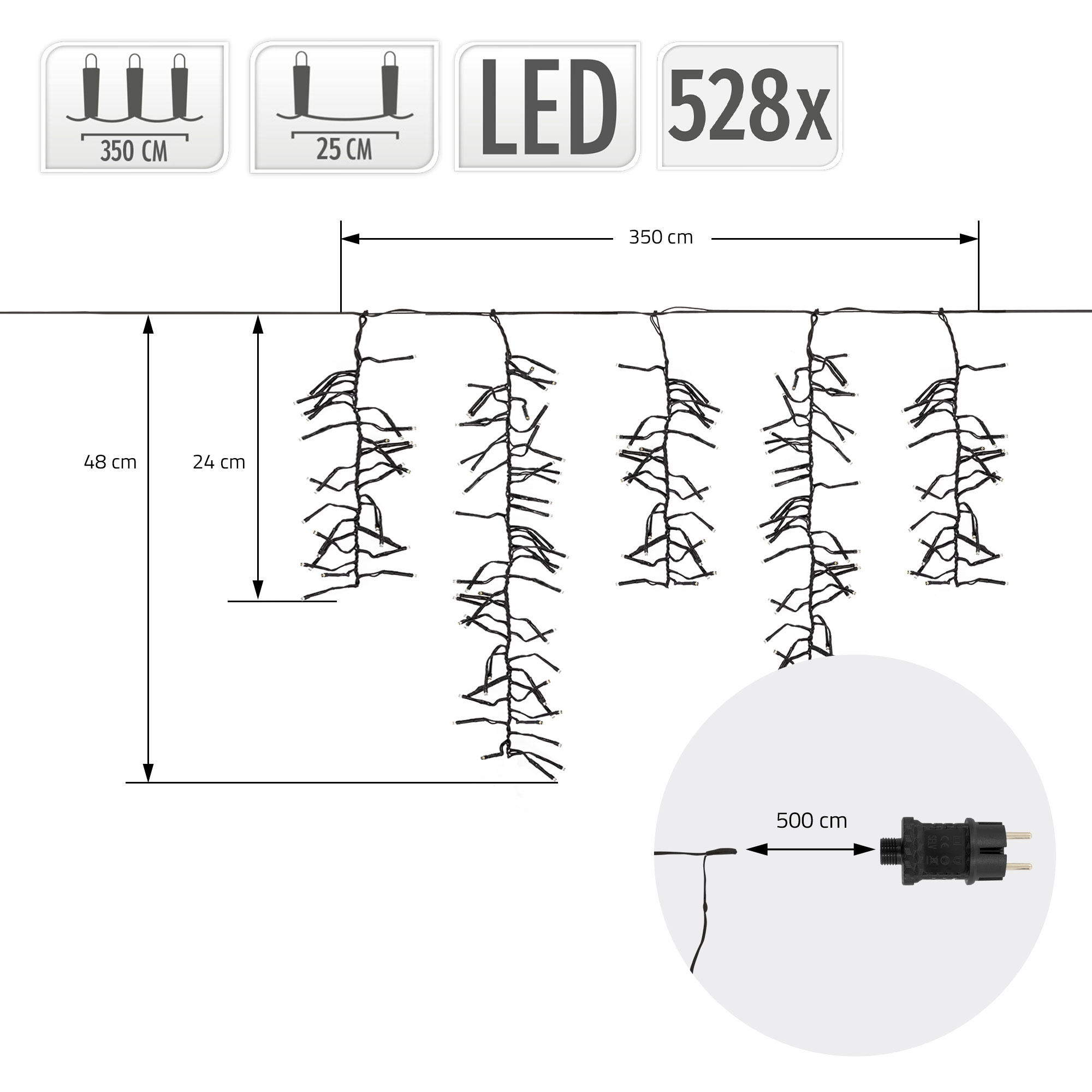 Technische Zeichnung einer 350 cm langen LED-Lichterkette mit 528 LEDs, Maßen und Netzstecker.