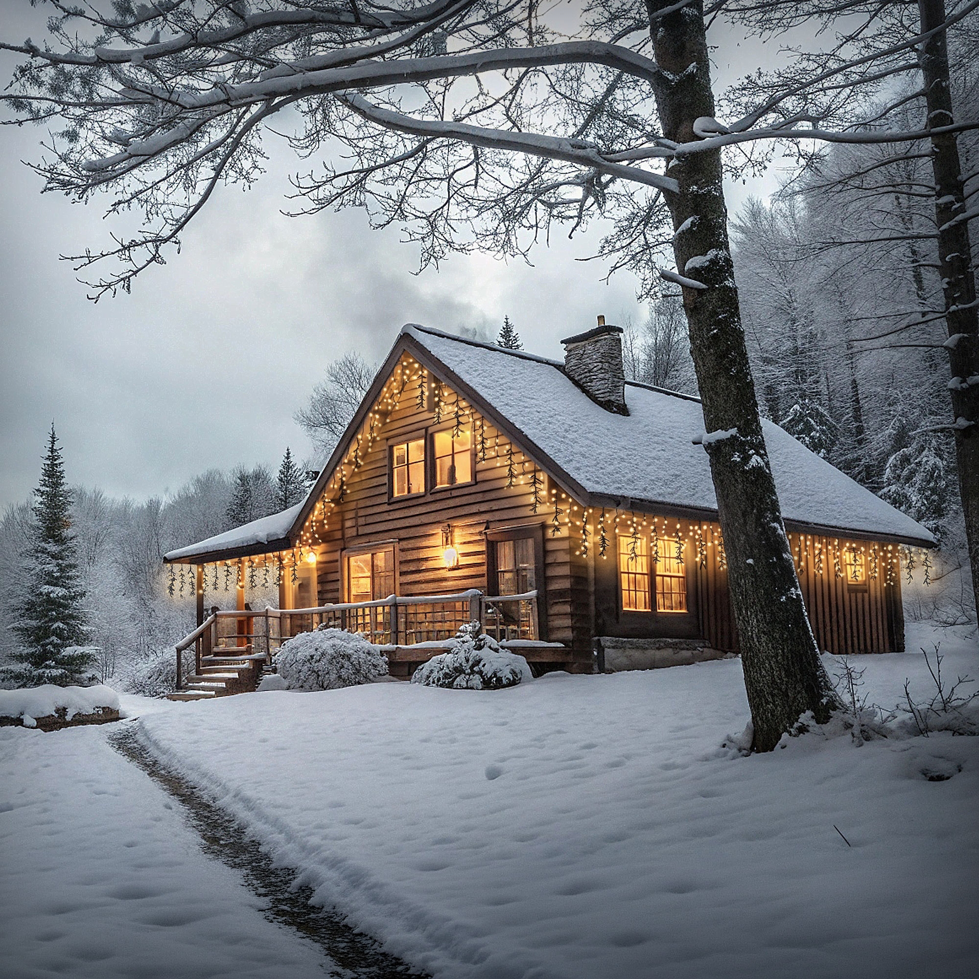 Eine schneebedeckte Winterszene mit einer leuchtenden Holzhütte mit Lichtern, umgeben von verschneiten Bäumen.