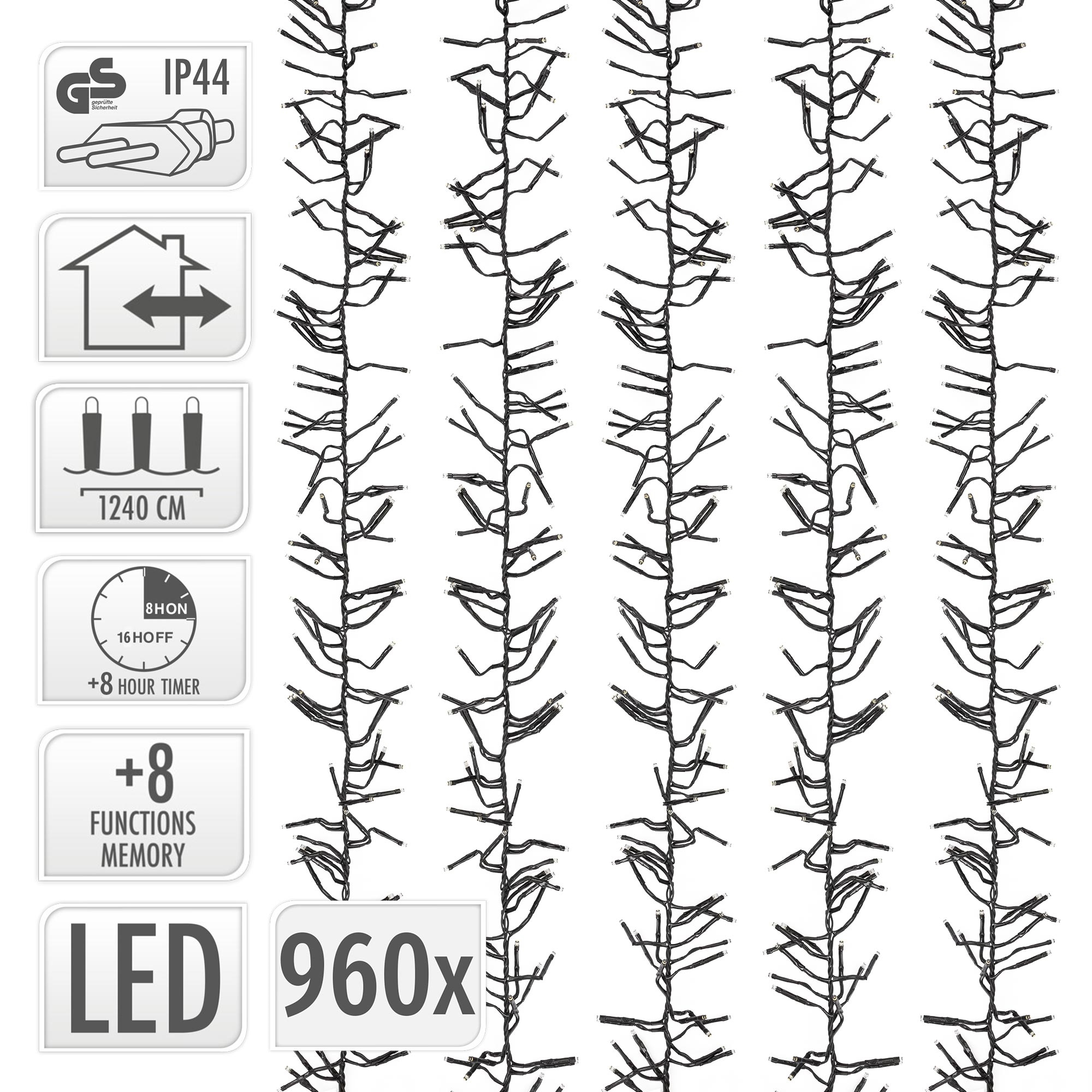 Technische Zeichnung einer 1240 cm langen LED-Lichterkette mit Timer und Symbolen auf weißem Hintergrund.