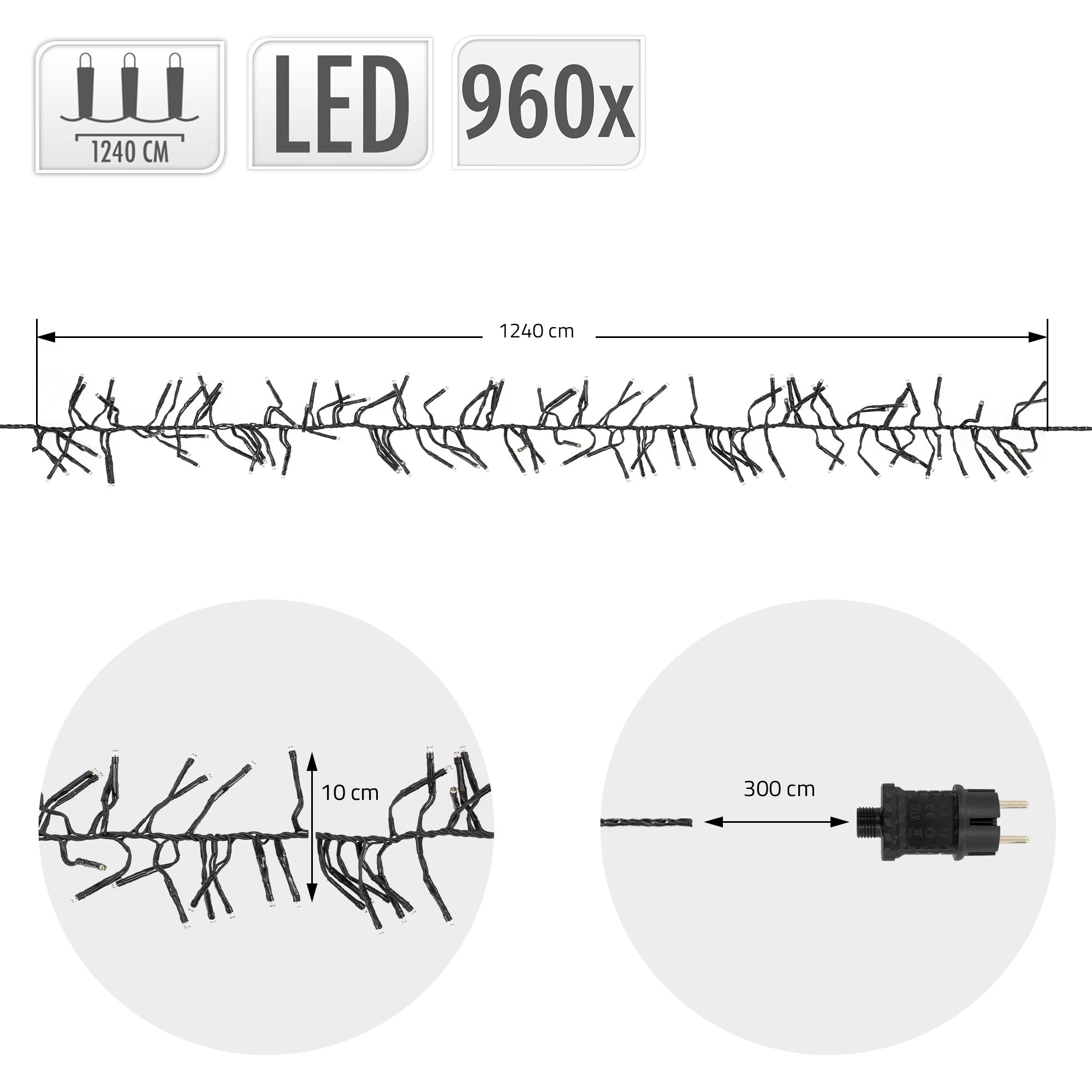 LED-Lichterkette mit 960 Lichtern, 1240 cm Länge, 10 cm Tropfenabstand und 300 cm Zuleitung.