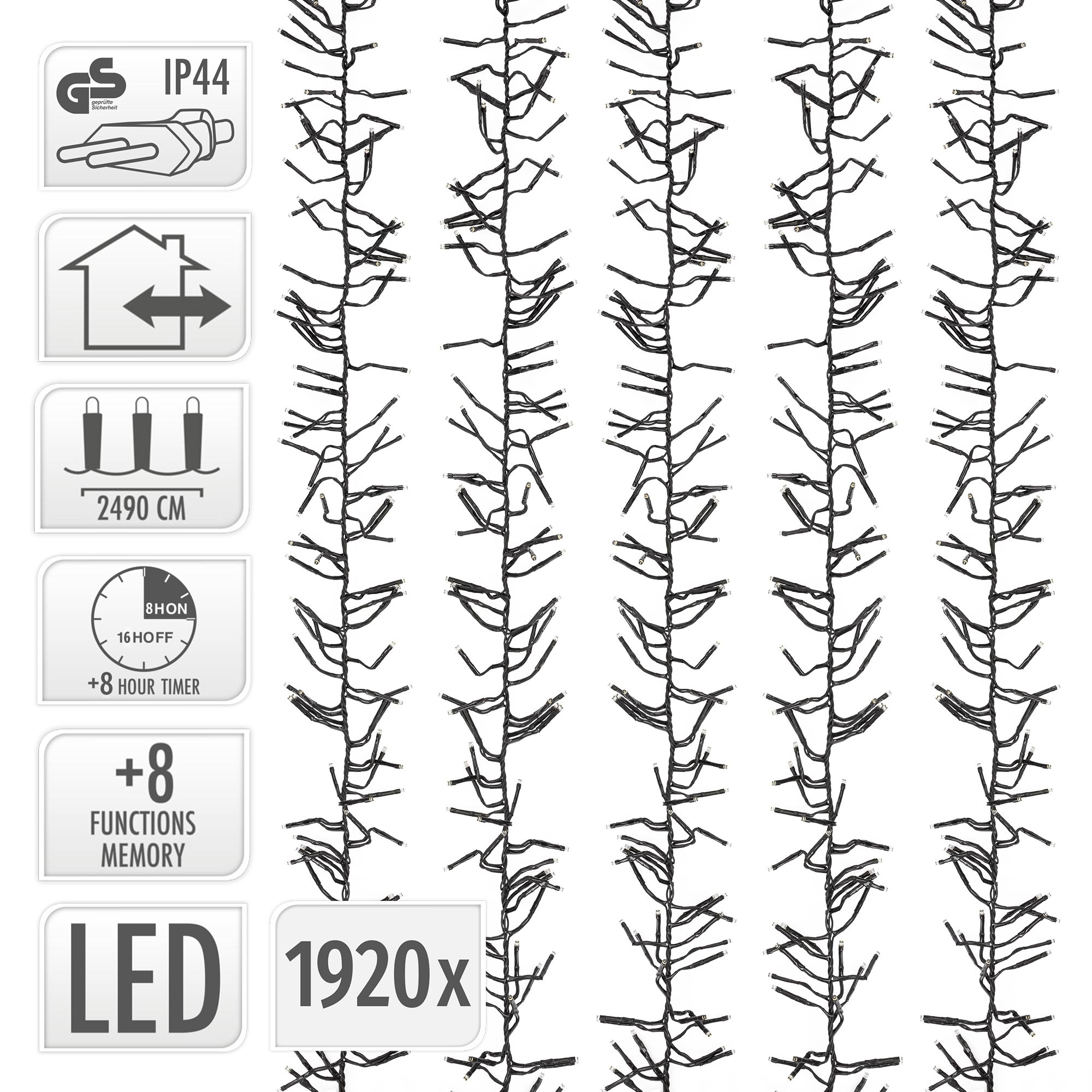 Technische Daten und Symbole einer 1920 LED Lichterkette mit Timer.