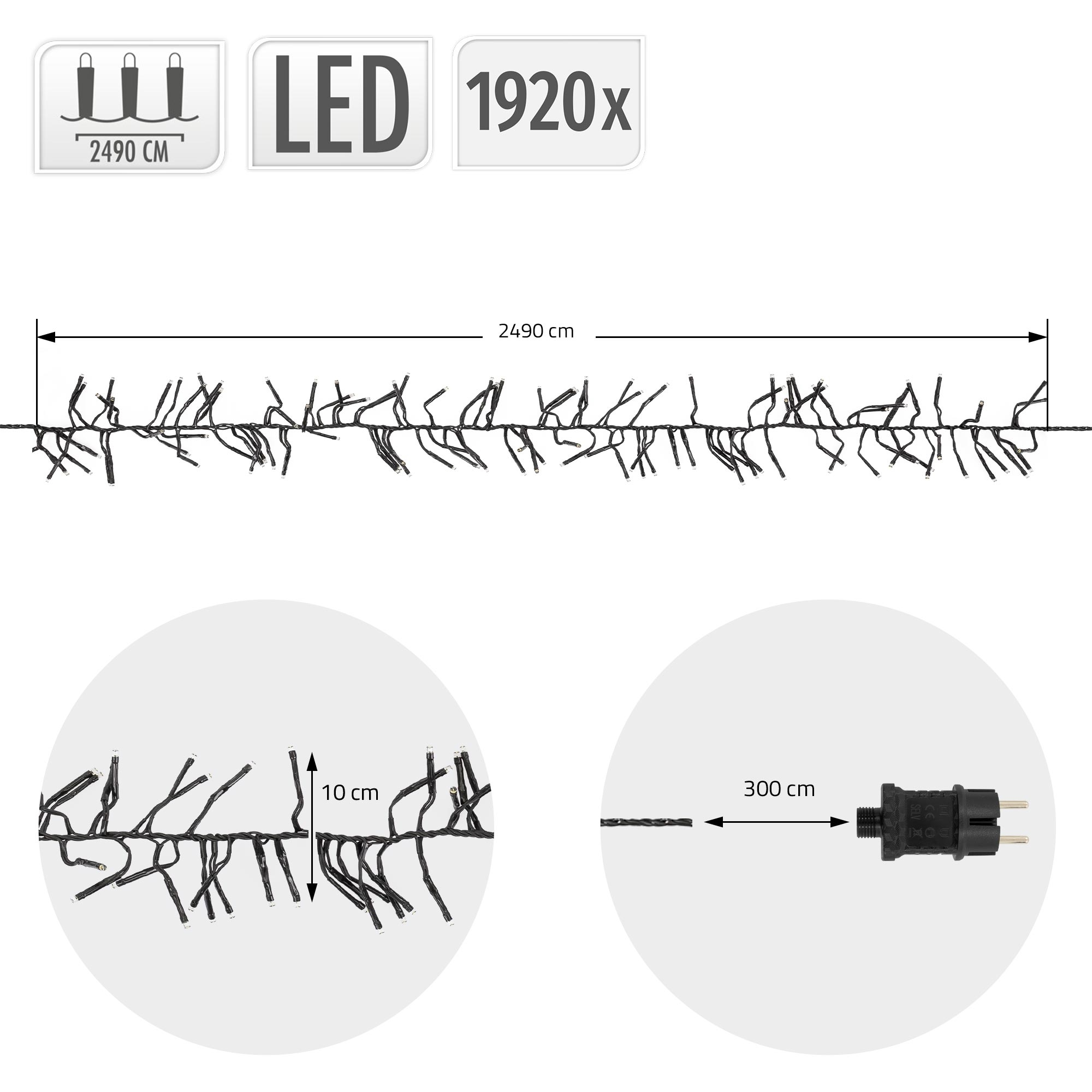 Technische Zeichnung einer 2490 cm Cluster-Lichterkette mit 1920 LEDs, 10 cm Länge und 300 cm Netzkabel.