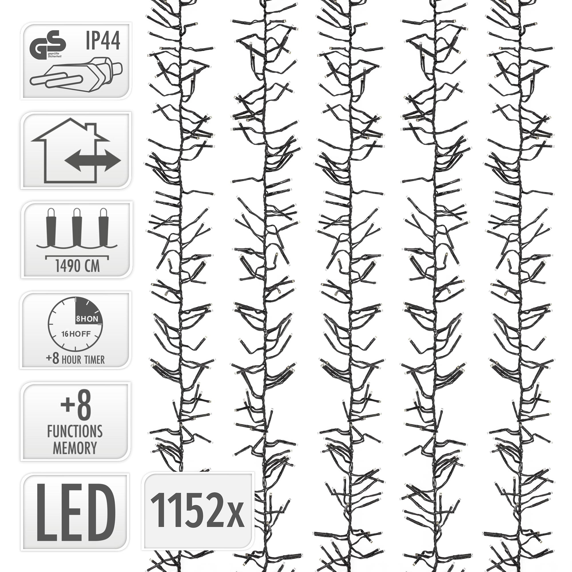 Technische Zeichnung einer 1490 cm langen LED-Lichterkette mit IP44, Timer und 1152 LEDs.