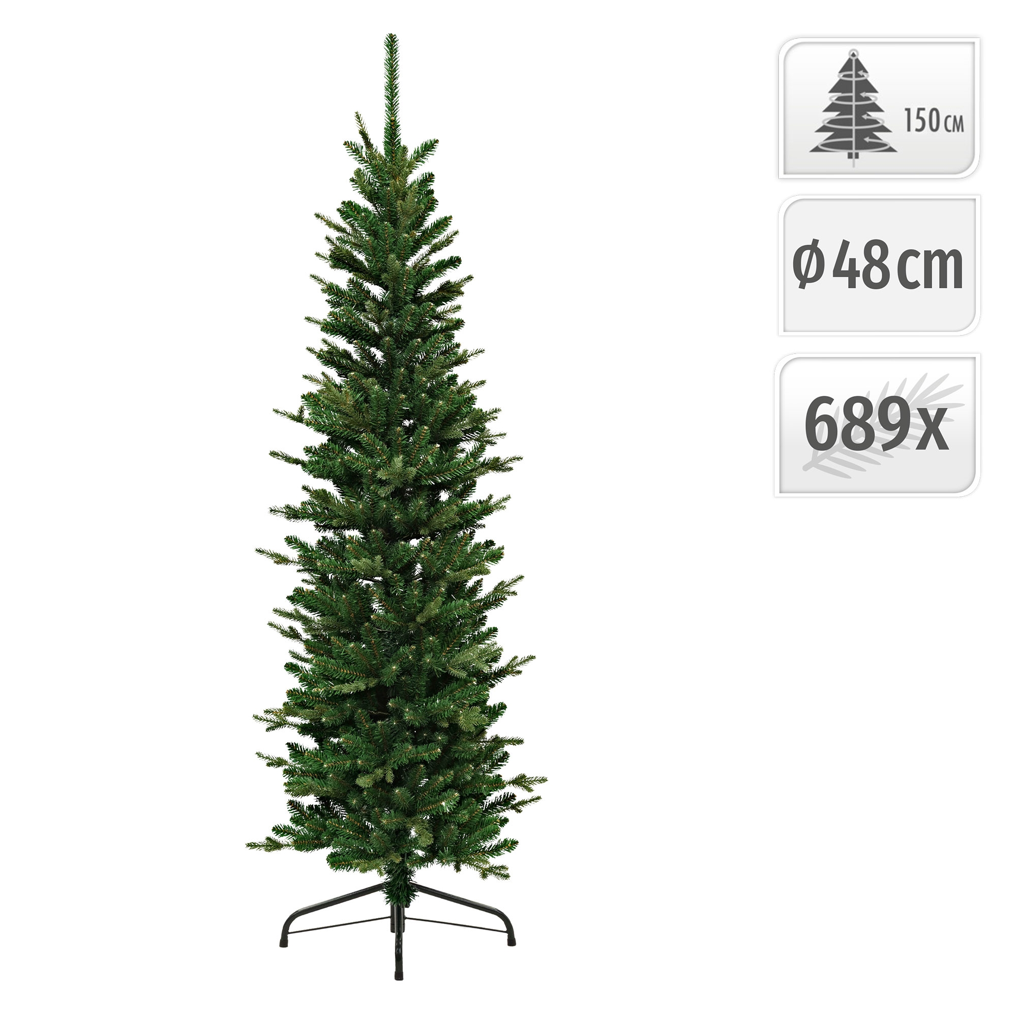 Schlanker künstlicher Weihnachtsbaum, 150 cm hoch, 48 cm Durchmesser, mit 689 Zweigspitzen.