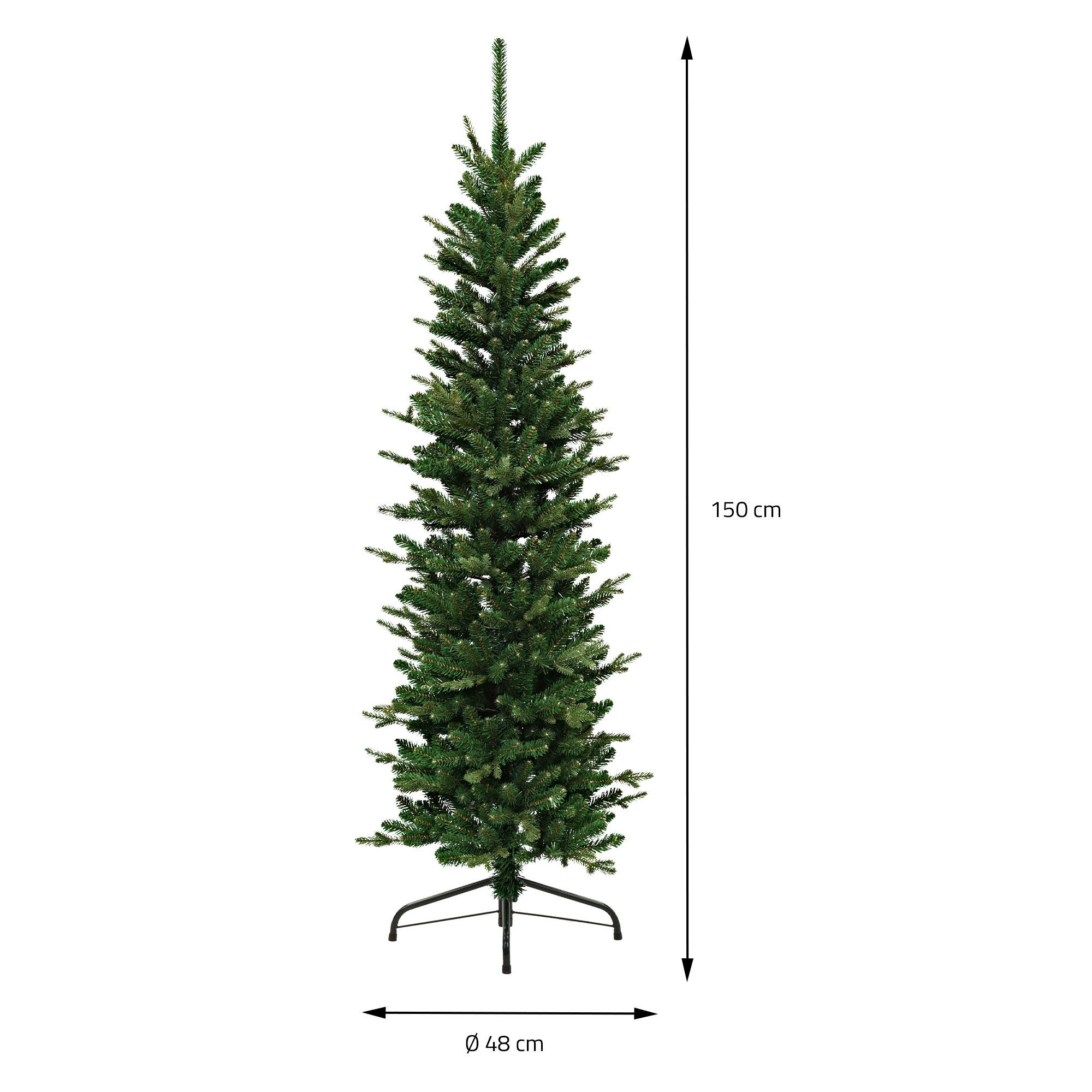 Großer grüner künstlicher Weihnachtsbaum, 150 cm hoch und 48 cm breit, mit Metallständer auf weißem Hintergrund.