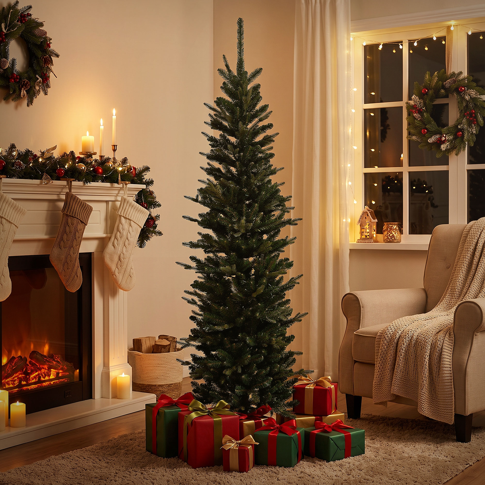 Ein geschmücktes Wohnzimmer mit Kamin, Strümpfen, einem hohen Tannenbaum mit Geschenken und einem Sessel.