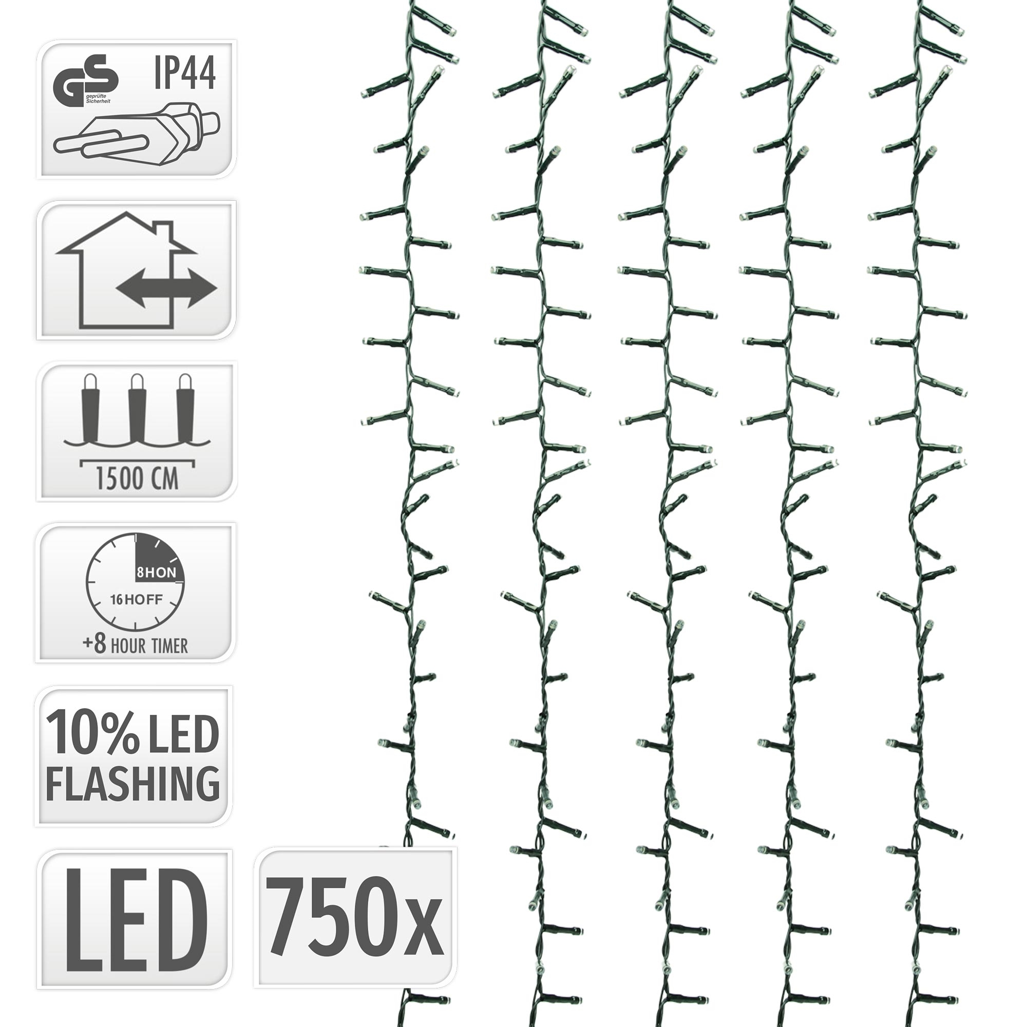 Lichterkette mit 750 LEDs, IP44, 1500 cm Länge, Timerfunktion und Blinkeffekt.