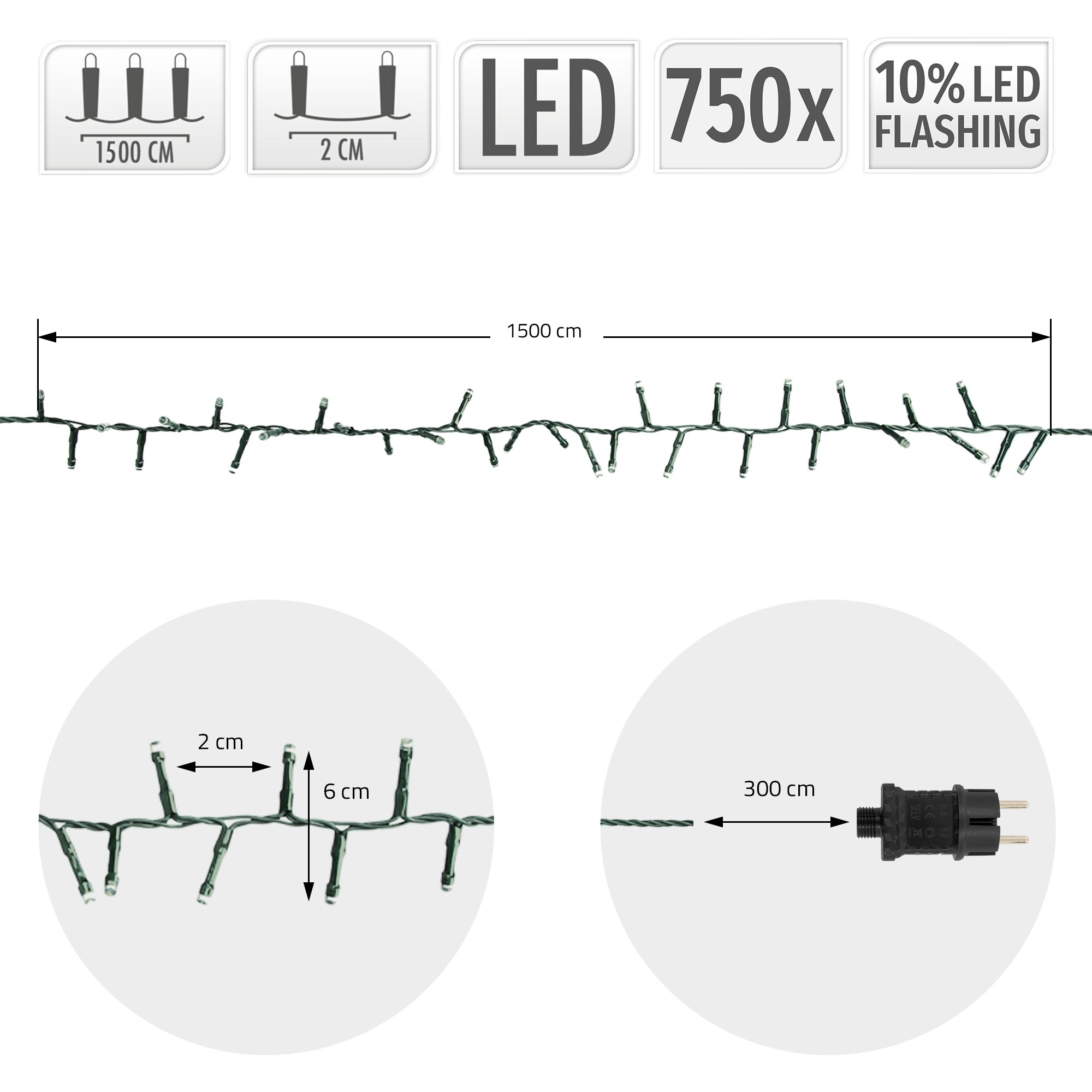 LED-Lichterkette mit Maßangaben für Länge, Abstand und Steckerkabel auf weißem Hintergrund.