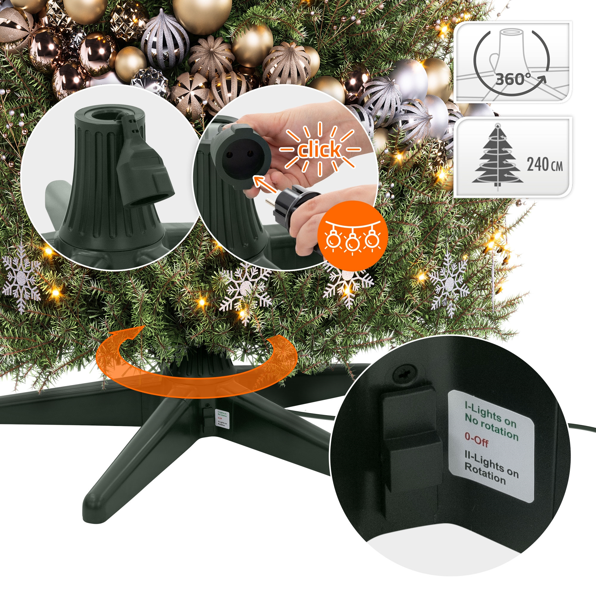 Christbaumständer mit drehbarem Sockel, Lichteranschluss und Schalter für Licht und Drehung.