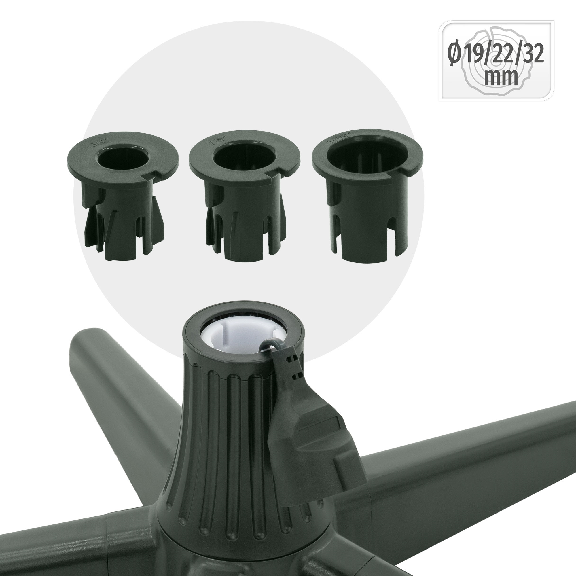 Drei grüne Adapter für Baumständer mit Maßen 19/22/32 mm über dem Ständerfuß.