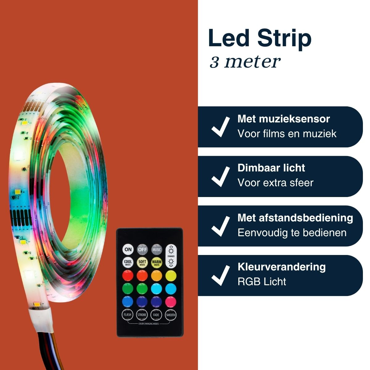 LED-Streifen, 3 Meter lang, mit Musiksensor, Dimmfunktion, Fernbedienung und RGB-Farbwechsel.