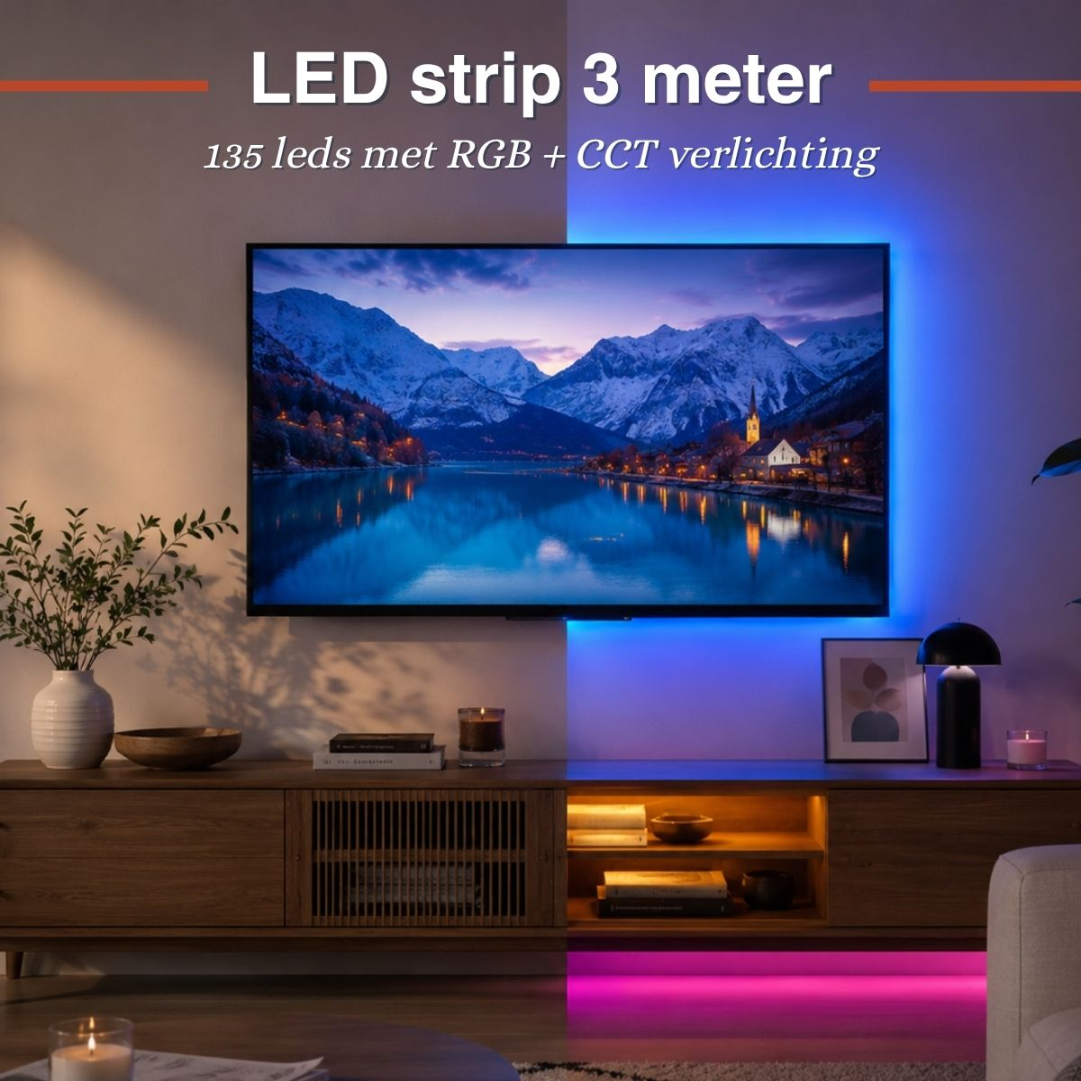 Ein Fernseher mit blauer LED-Hintergrundbeleuchtung hängt über einem Holzschrank. Bunte LED-Streifen beleuchten Wand und Regal.