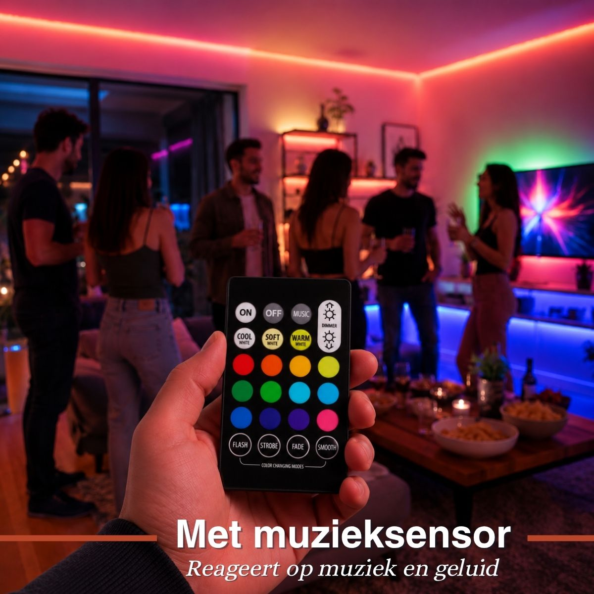 Hand hält eine LED-Fernbedienung in einem Raum mit farbiger Beleuchtung und Freunden im Hintergrund.