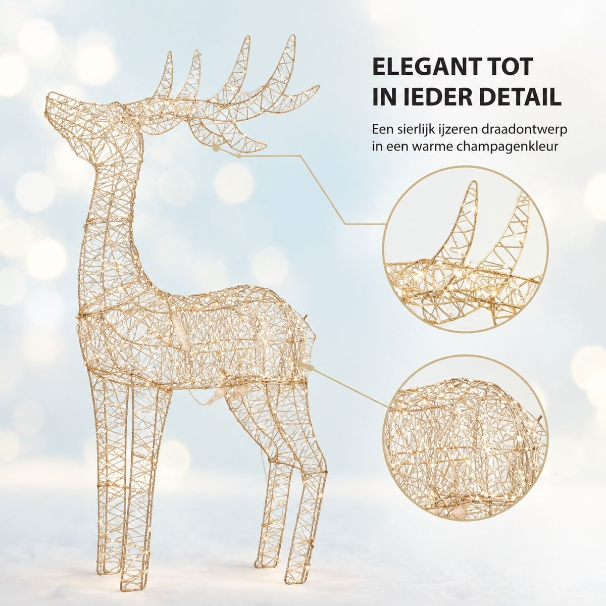 Gold wire mesh reindeer figure with lights, featuring close-up inset circles of antlers and body, and Dutch text.