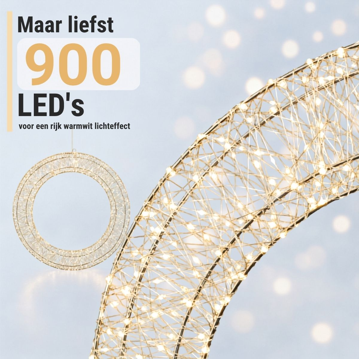 Eine große LED-Ringdekoration mit 900 Lichtern und niederländischem Text vor blauem Hintergrund.