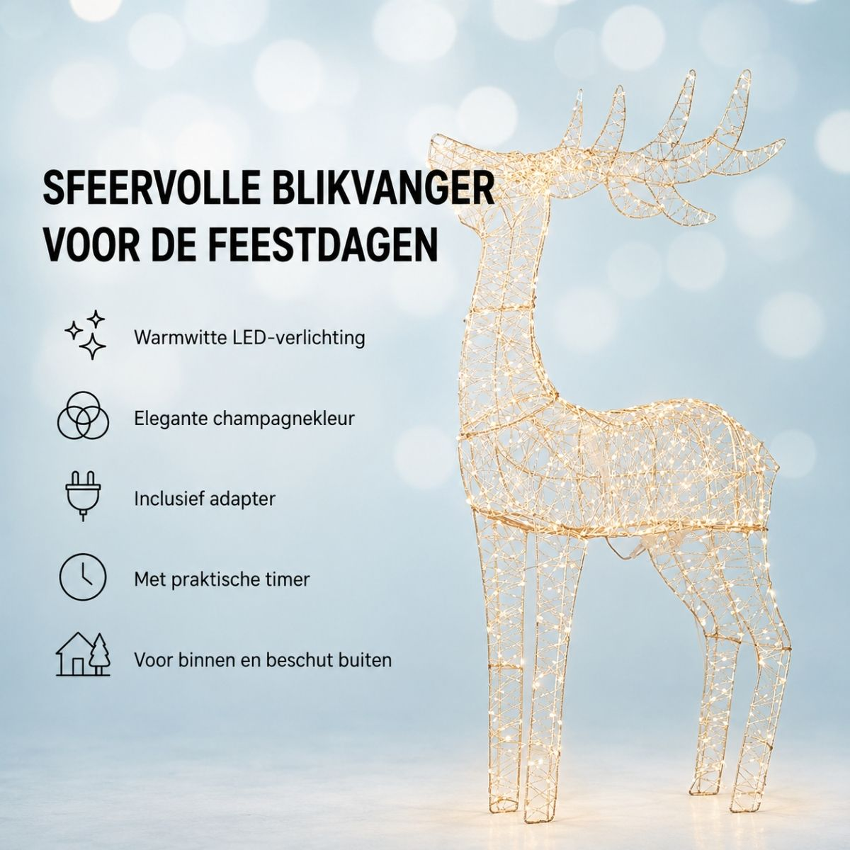 Illuminated wire reindeer decoration with text on light background.