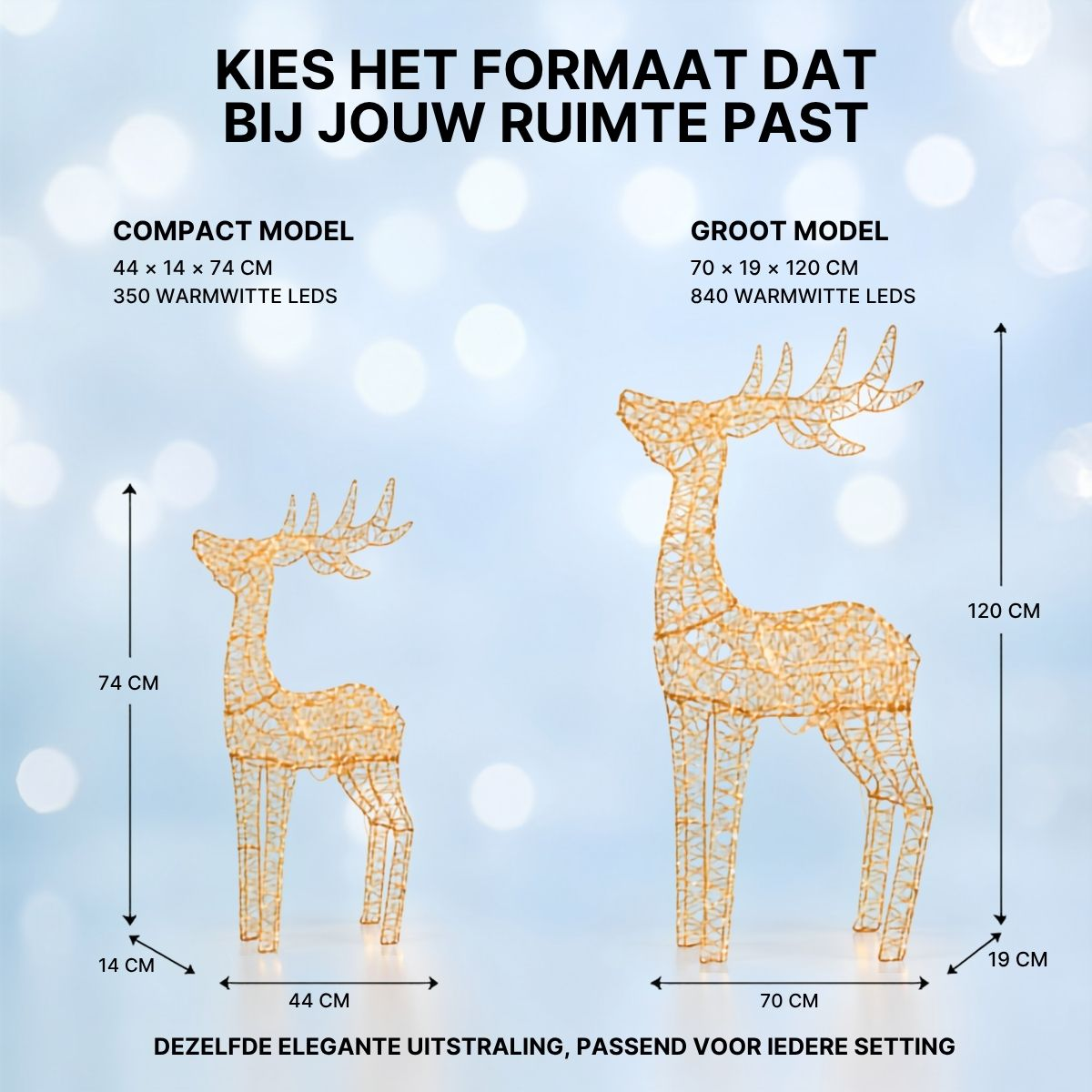 Two light-up reindeer figures of different sizes, with dimensions and LED counts displayed on a blue bokeh background.