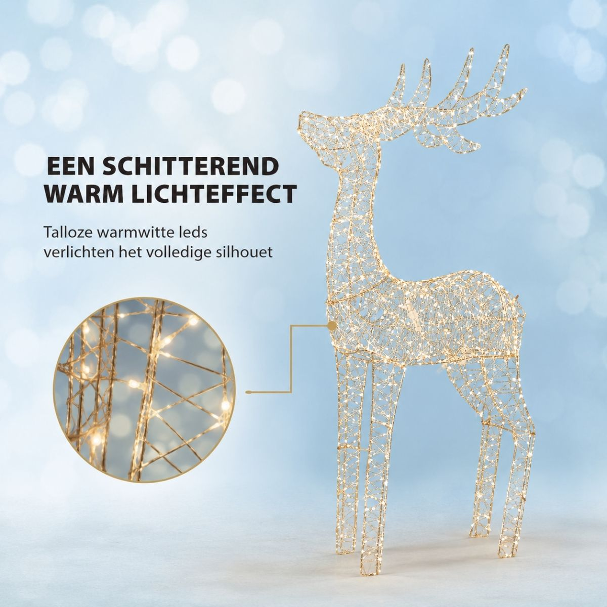 A wireframe reindeer figure lit with warm white LED lights against a blue bokeh background, with text and a close-up.