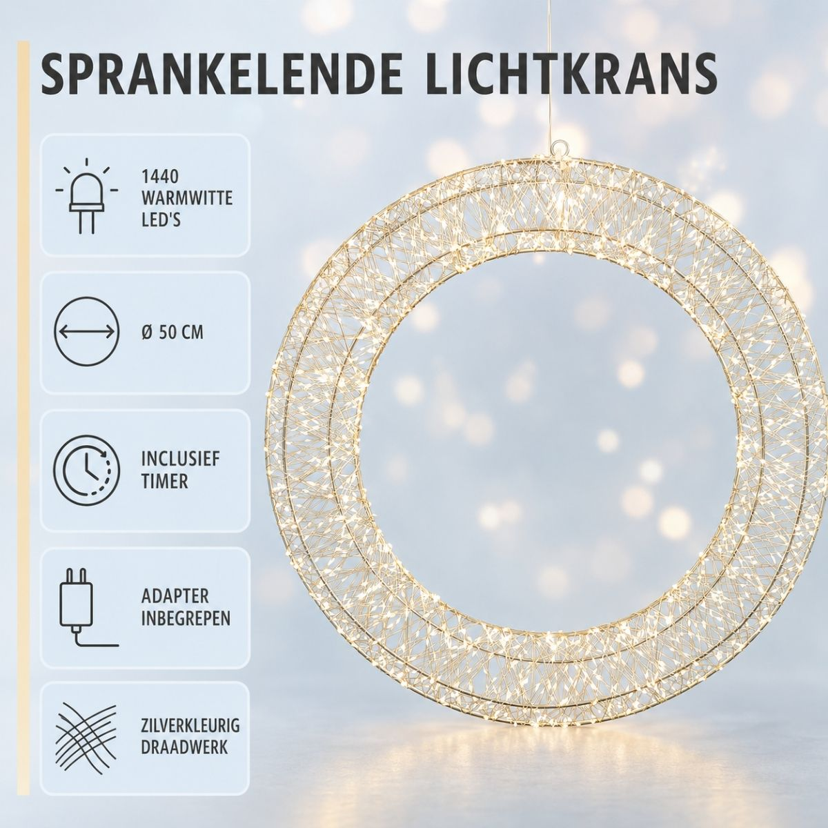 Glänzender Ring mit warmweißen LEDs und Informationsgrafiken links.