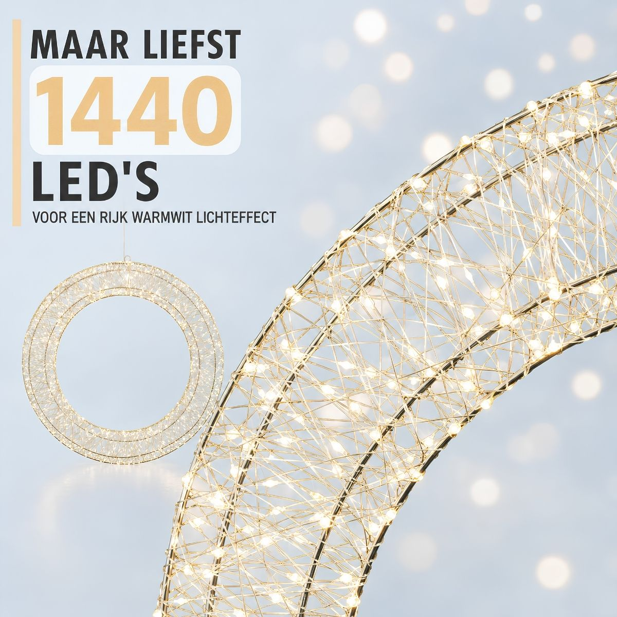 Ein beleuchteter Ring aus Metall mit 1440 warmweißen LEDs auf hellem Hintergrund.
