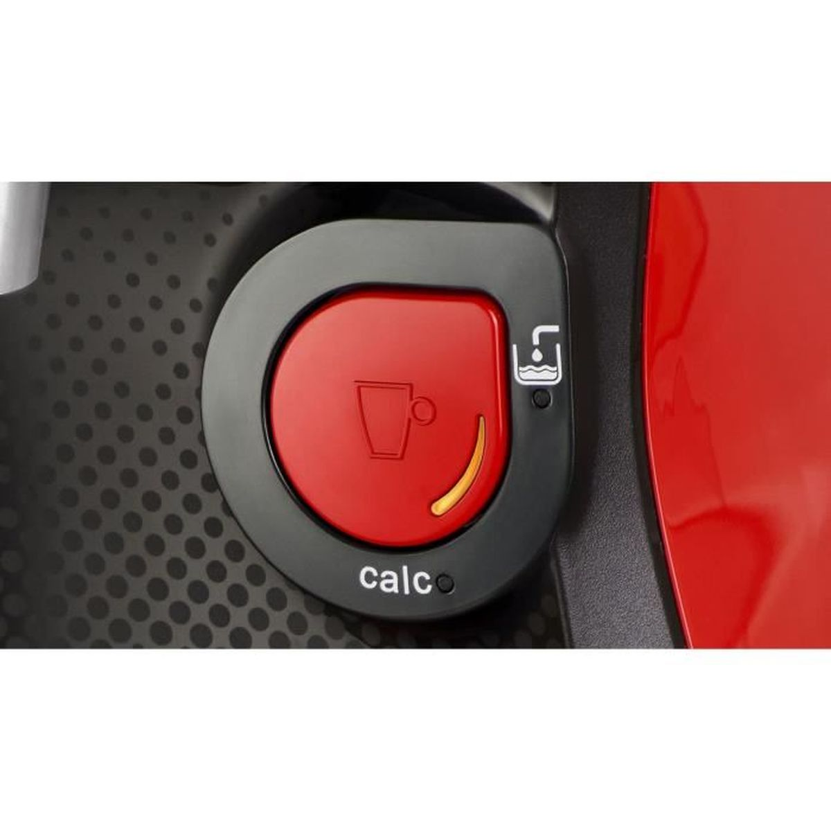 Roter Kaffeemaschinenknopf mit Tassen-Symbol und der Aufschrift calco auf schwarzem und rotem Hintergrund.