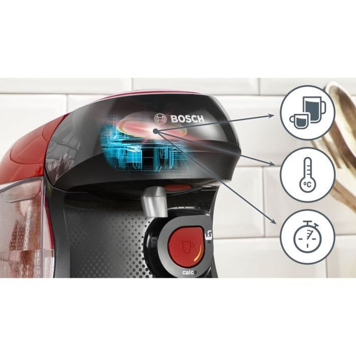 Eine Bosch-Kaffeemaschine mit leuchtenden internen Grafiken und Funktionssymbolen für Tassen größe, Temperatur und Geschwindigkeit.