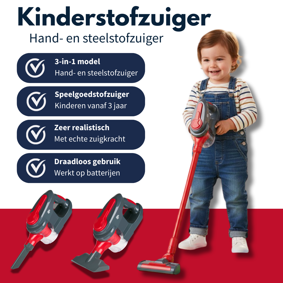 Un tout-petit en salopette tient un aspirateur jouet rouge à côté de texte en néerlandais et d'accessoires.