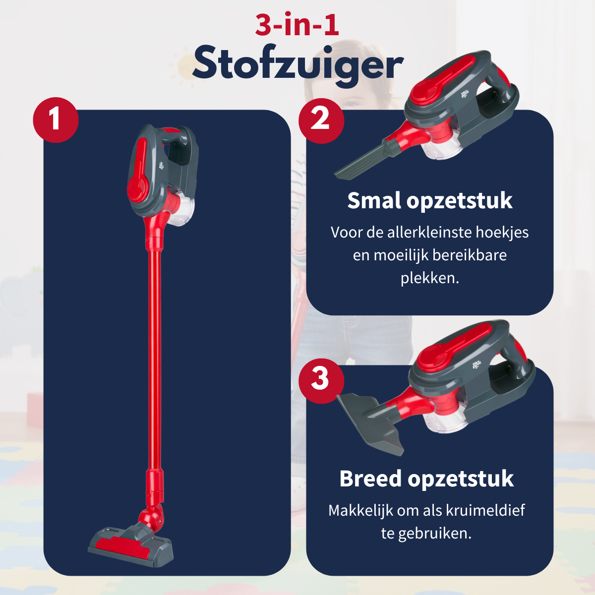 Un aspirateur jouet 3 en 1 avec des pièces rouges et gris foncé, montrant différents accessoires.