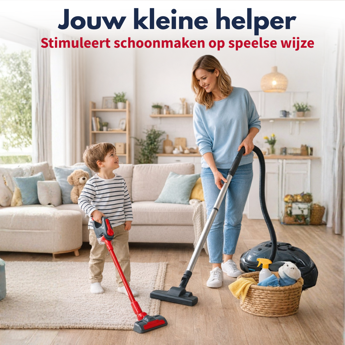 Une femme et un jeune garçon passent l'aspirateur dans un salon lumineux.