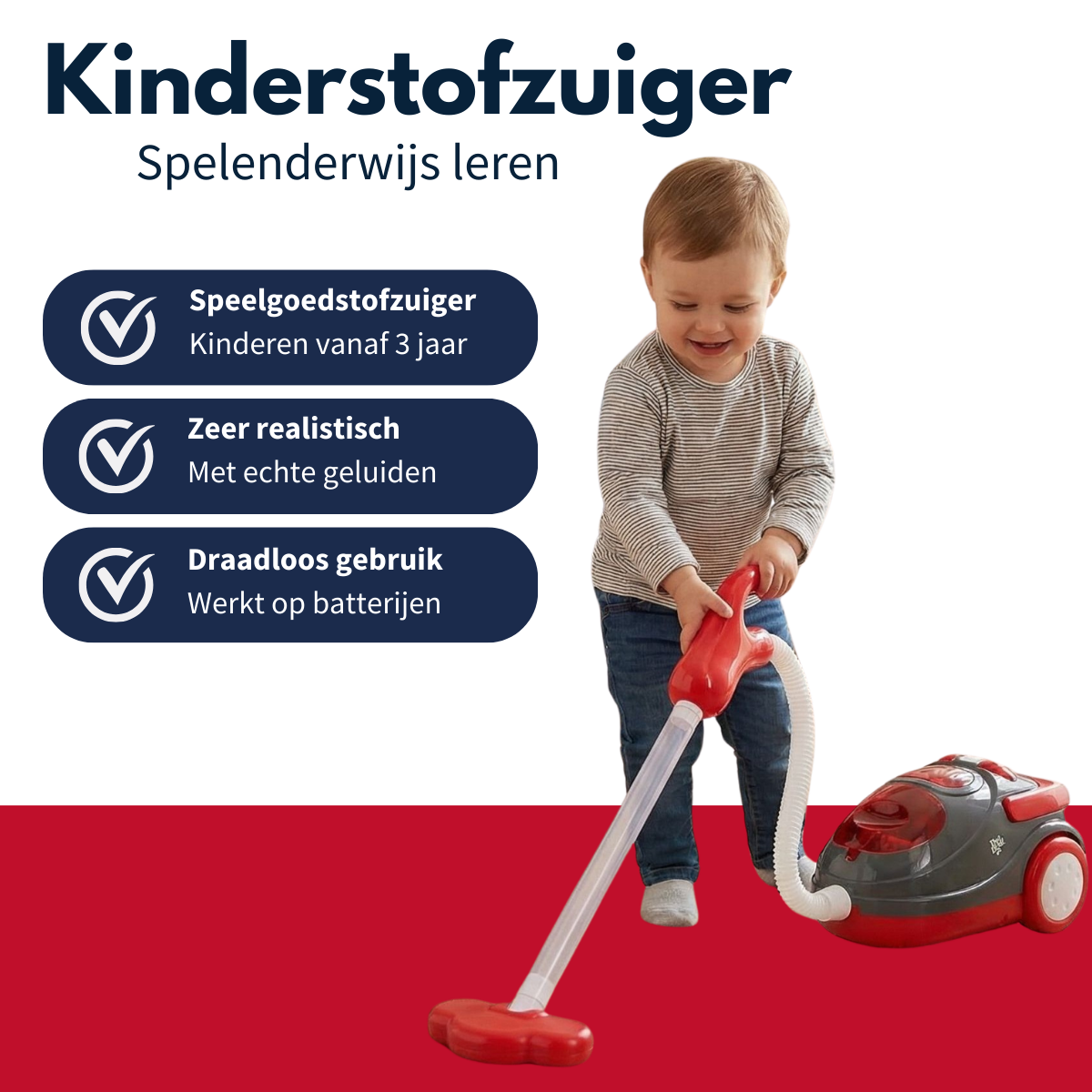 Un tout-petit joue avec un aspirateur jouet rouge et gris sur fond blanc et rouge avec du texte.