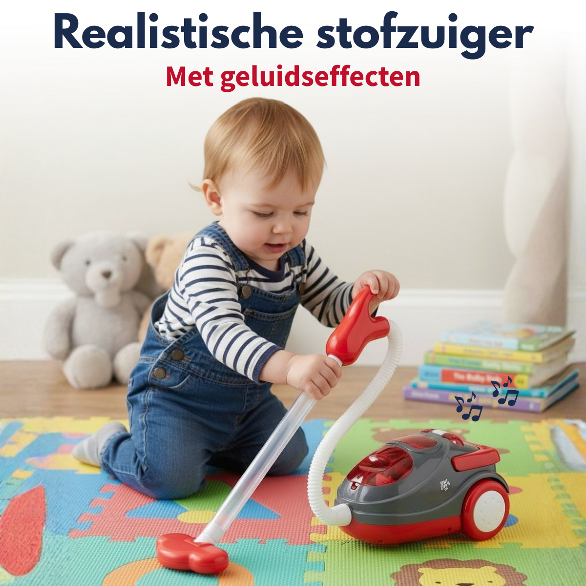 Un tout-petit joue avec un aspirateur jouet rouge sur un tapis coloré.